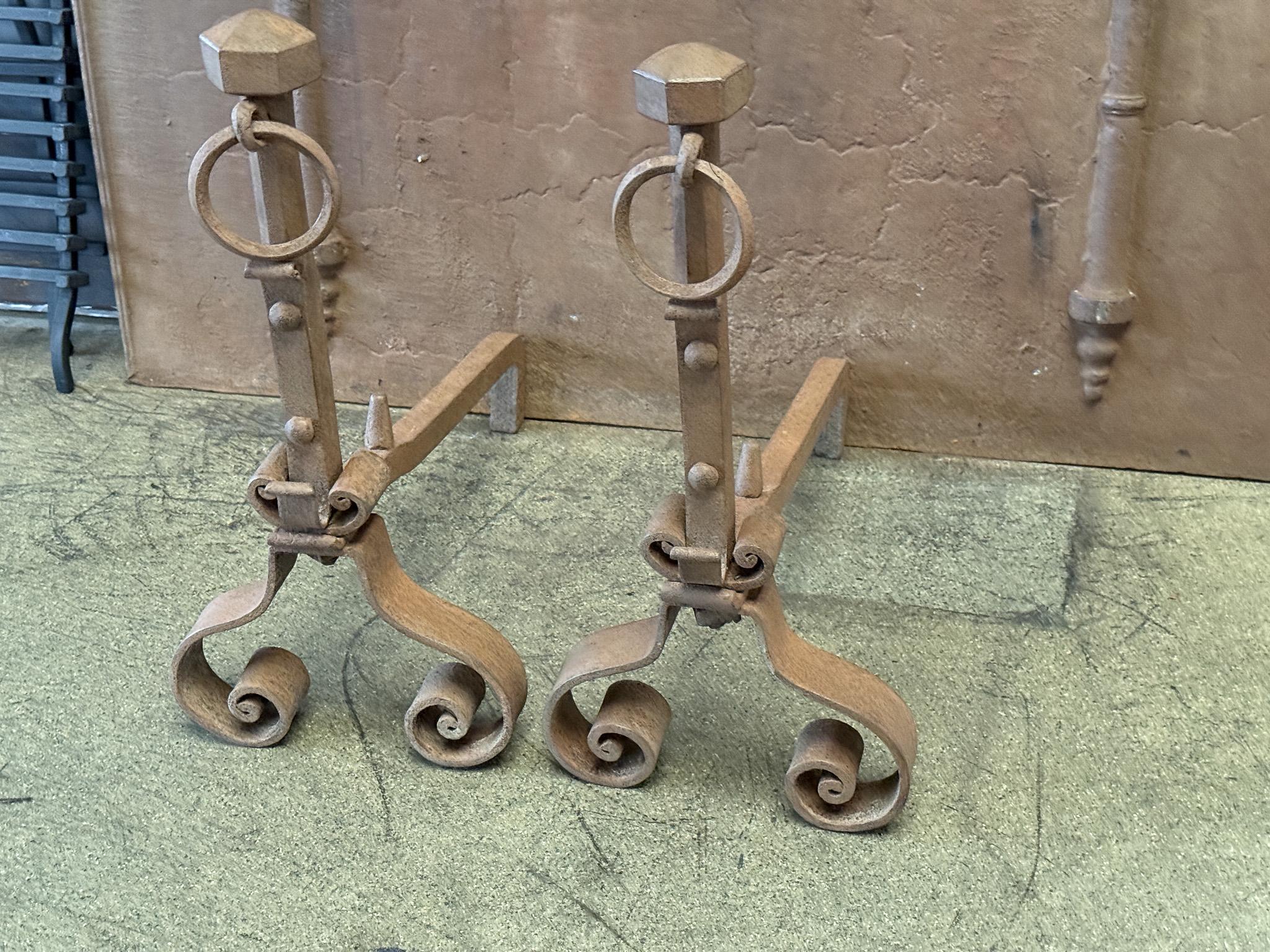 Wrought Iron Early 19th Century French Firedogs or Andirons For Sale