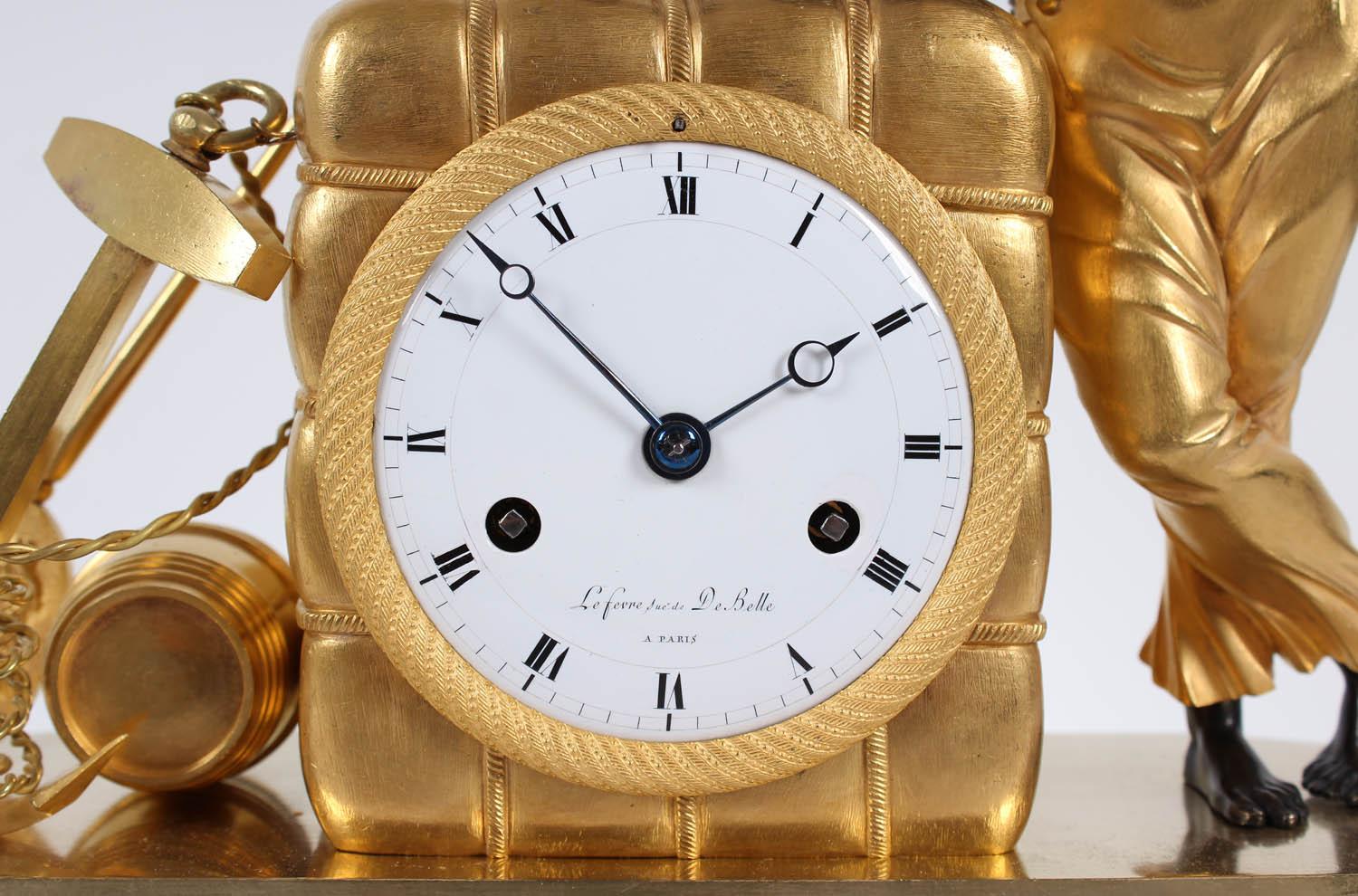 19th century French mantel clock

Paris
Bronze (fire-gilded and patinated), enamel
Empire circa 1810

Dimensions: H x W x D: 37 x 30 x 11 cm


Eight-day movement with lock disk and thread suspension.
Strike on bell at the half and full
