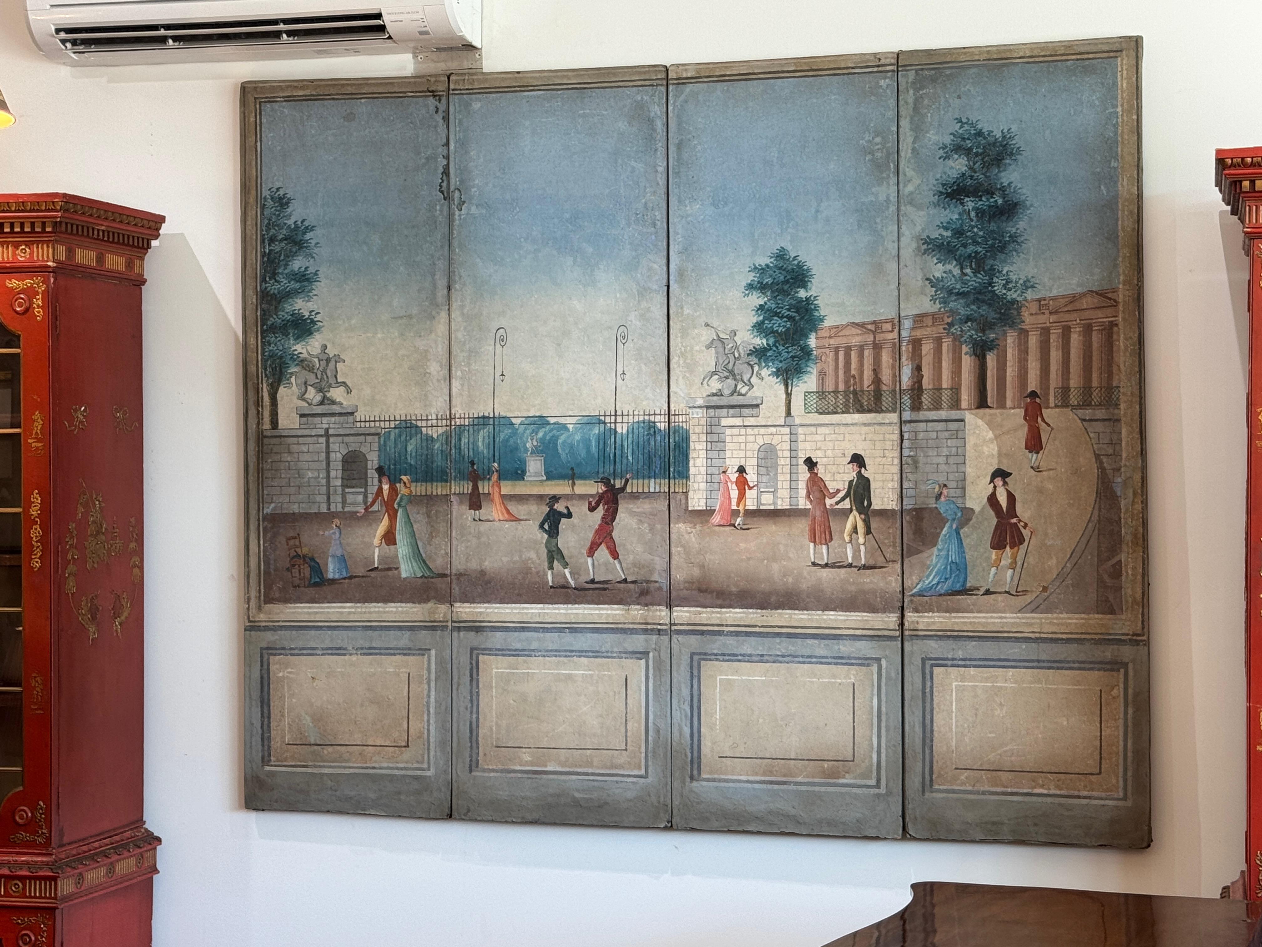 Francese Paravento francese a quattro pannelli dipinto dell'inizio del XIX secolo in vendita