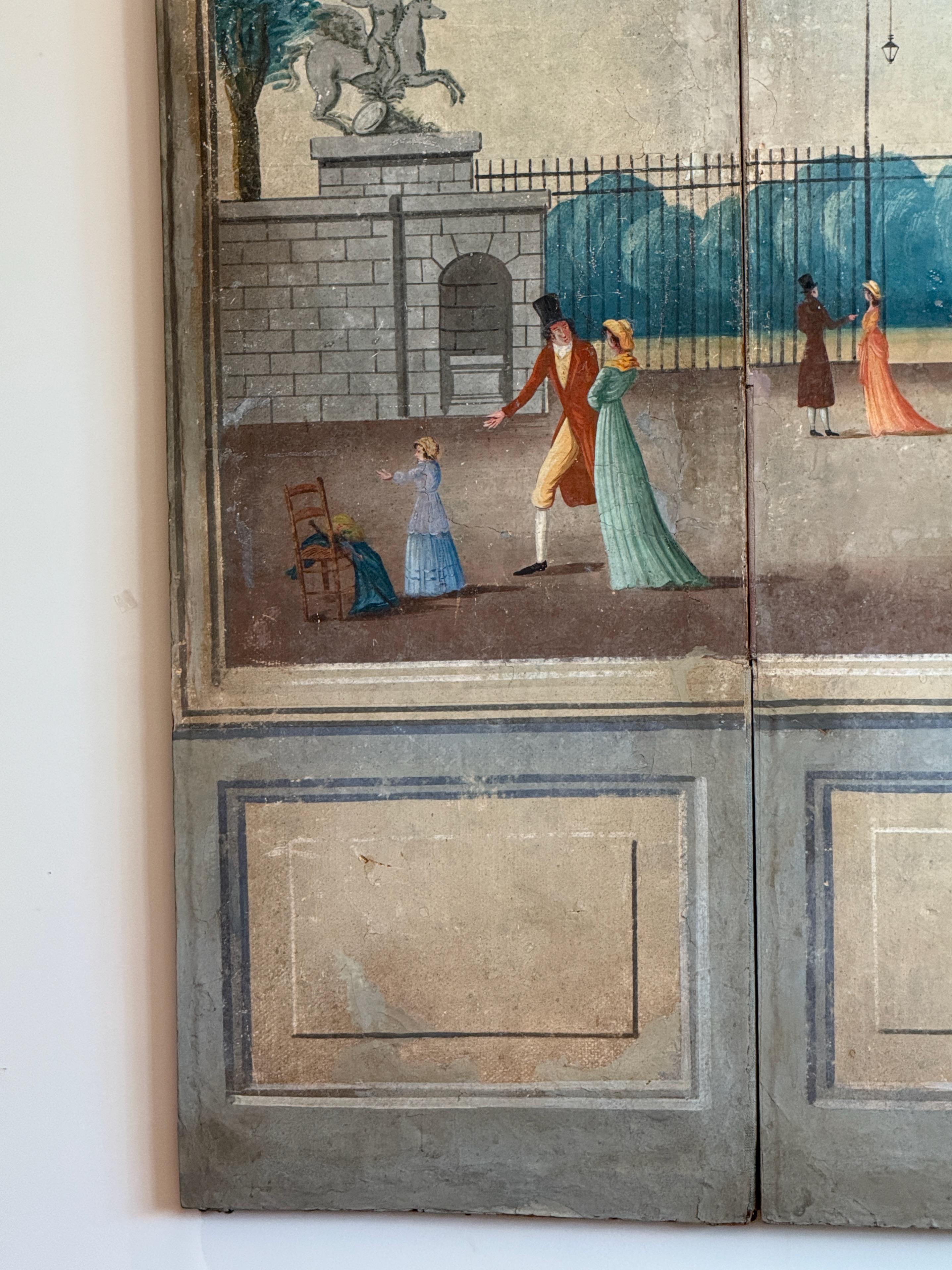 Tela Paravento francese a quattro pannelli dipinto dell'inizio del XIX secolo in vendita