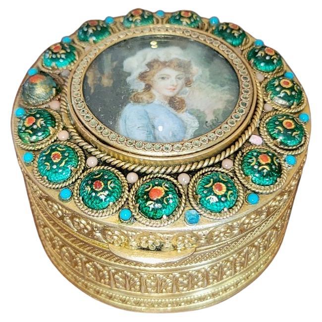 Early 19th Century French Gold Box with Enamel and Miniature Portrait For Sale