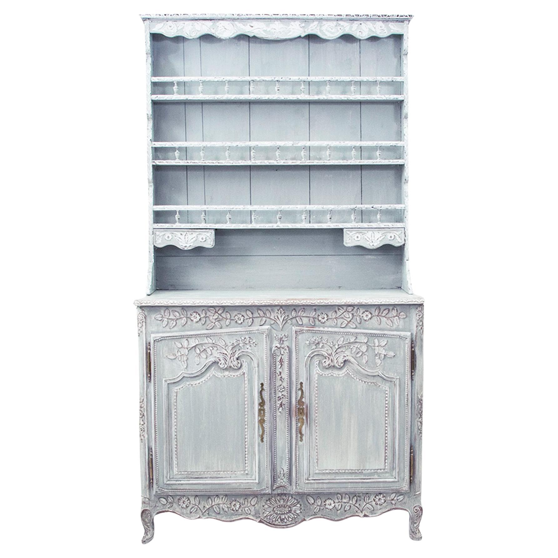 Early 19th Century French Hand Carved Painted Vaisselier or Buffet Deux Corps