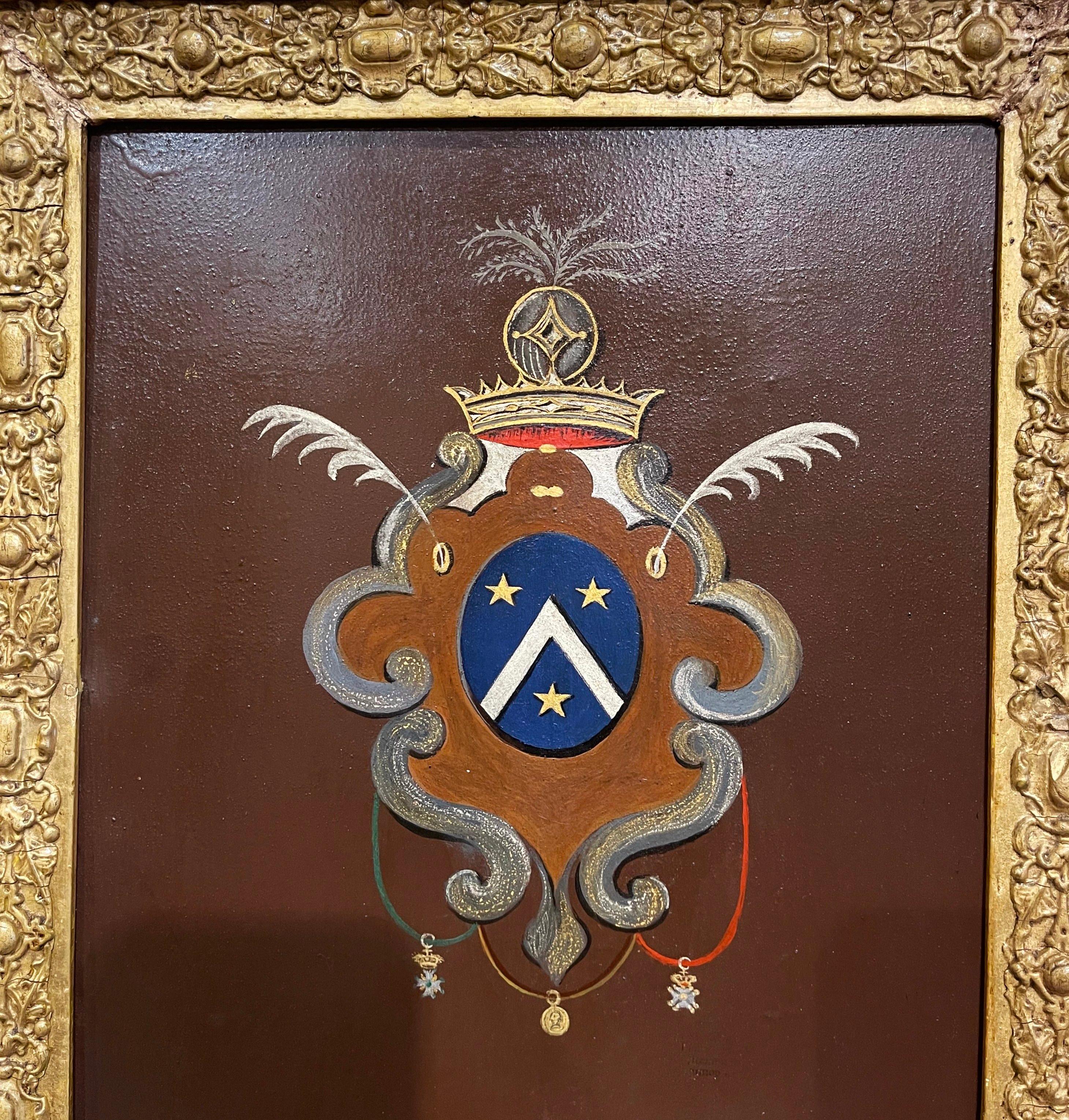Empire Early 19th Century French Hand Painted Crest on Metal in Carved Gilt Frame For Sale