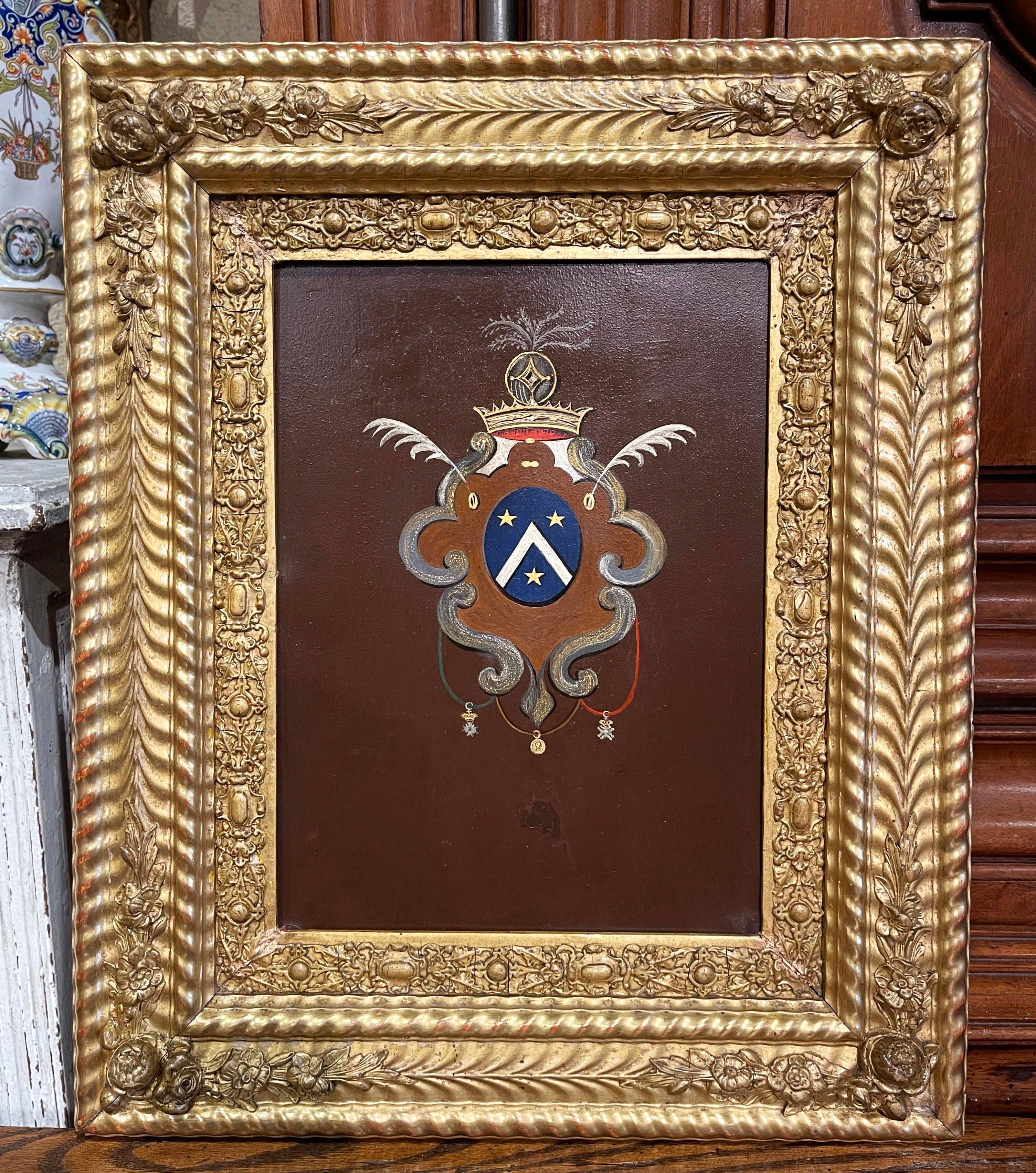 Hand-Carved Early 19th Century French Hand Painted Crest on Metal in Carved Gilt Frame For Sale
