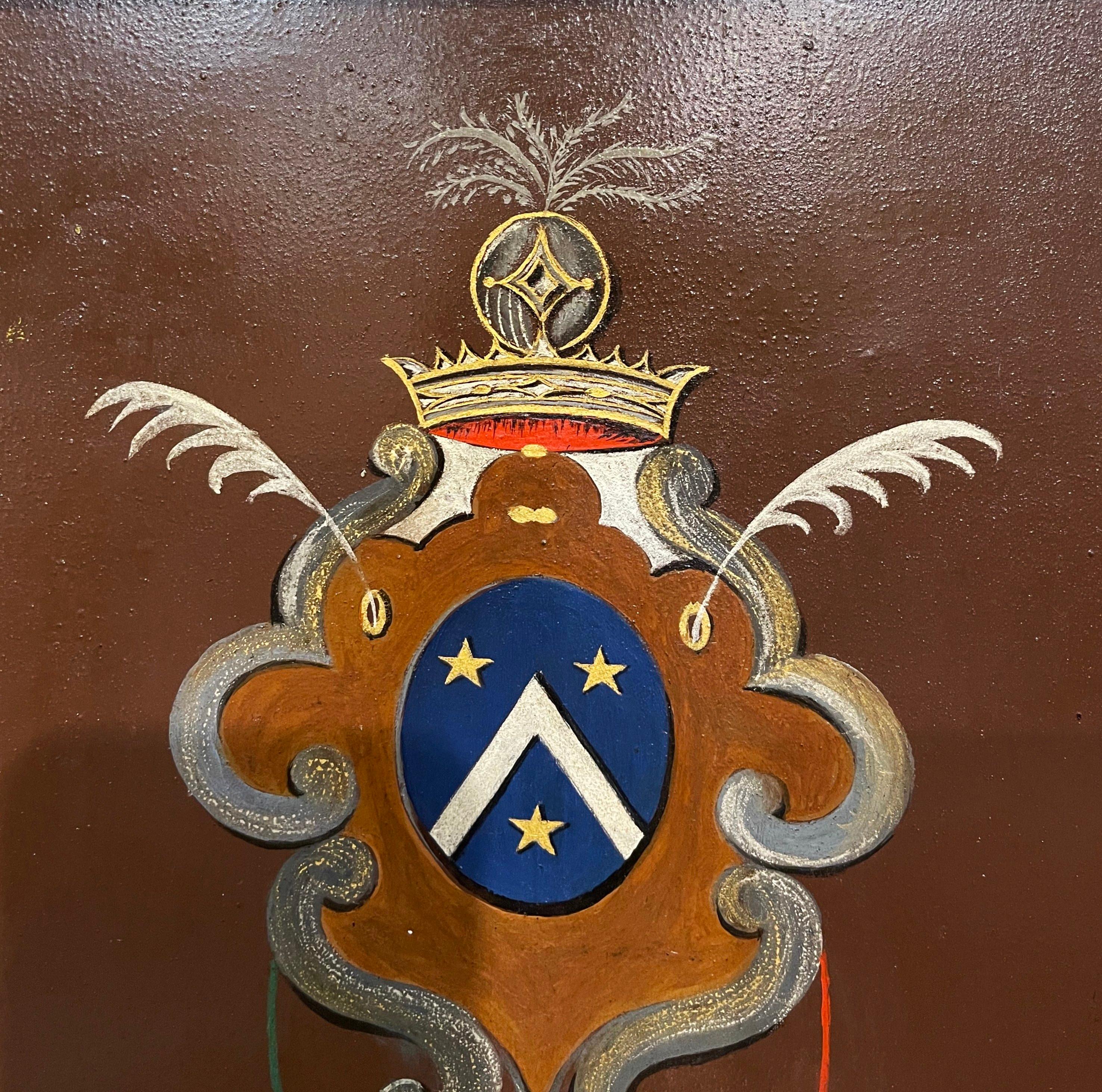 Sheet Metal Early 19th Century French Hand Painted Crest on Metal in Carved Gilt Frame For Sale