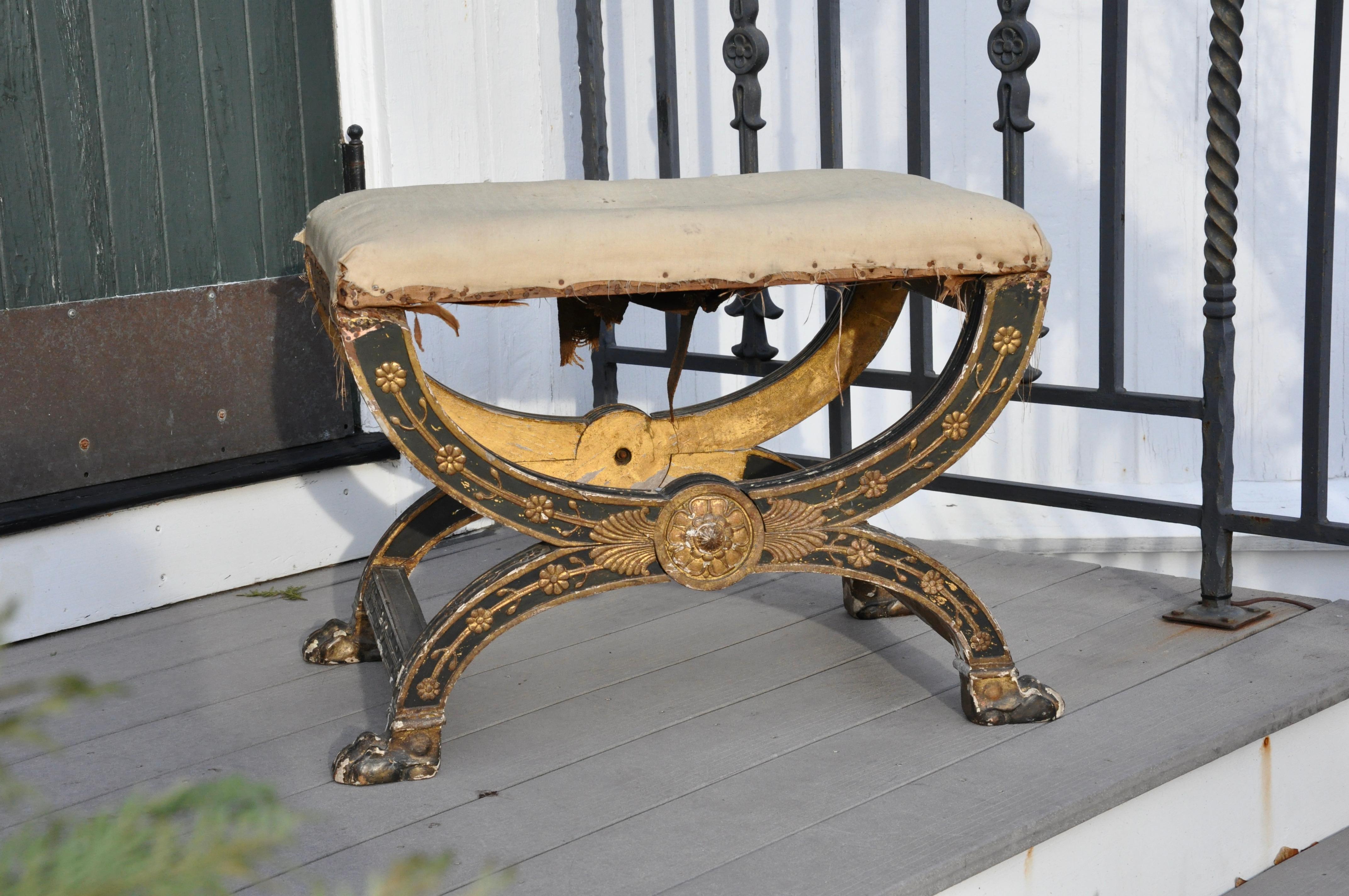 Period French Empire Tabouret or Ployant Ordered for the Tuileries Palace under the Reign of Napoleon Bonaparte. Folding design. Carved and gilded wood. Large scale as they would have served for high ranking members of the Court. Bears Tuileries