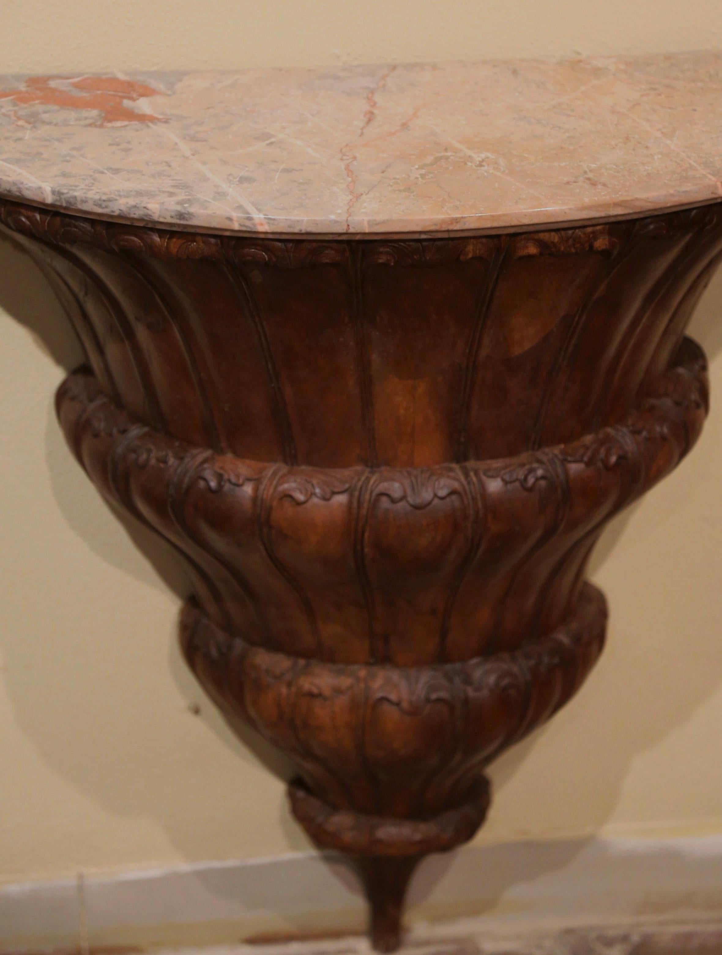 Early 19th Century French Louis XIV Marble Top Carved Walnut Wall Console Table In Excellent Condition For Sale In Dallas, TX