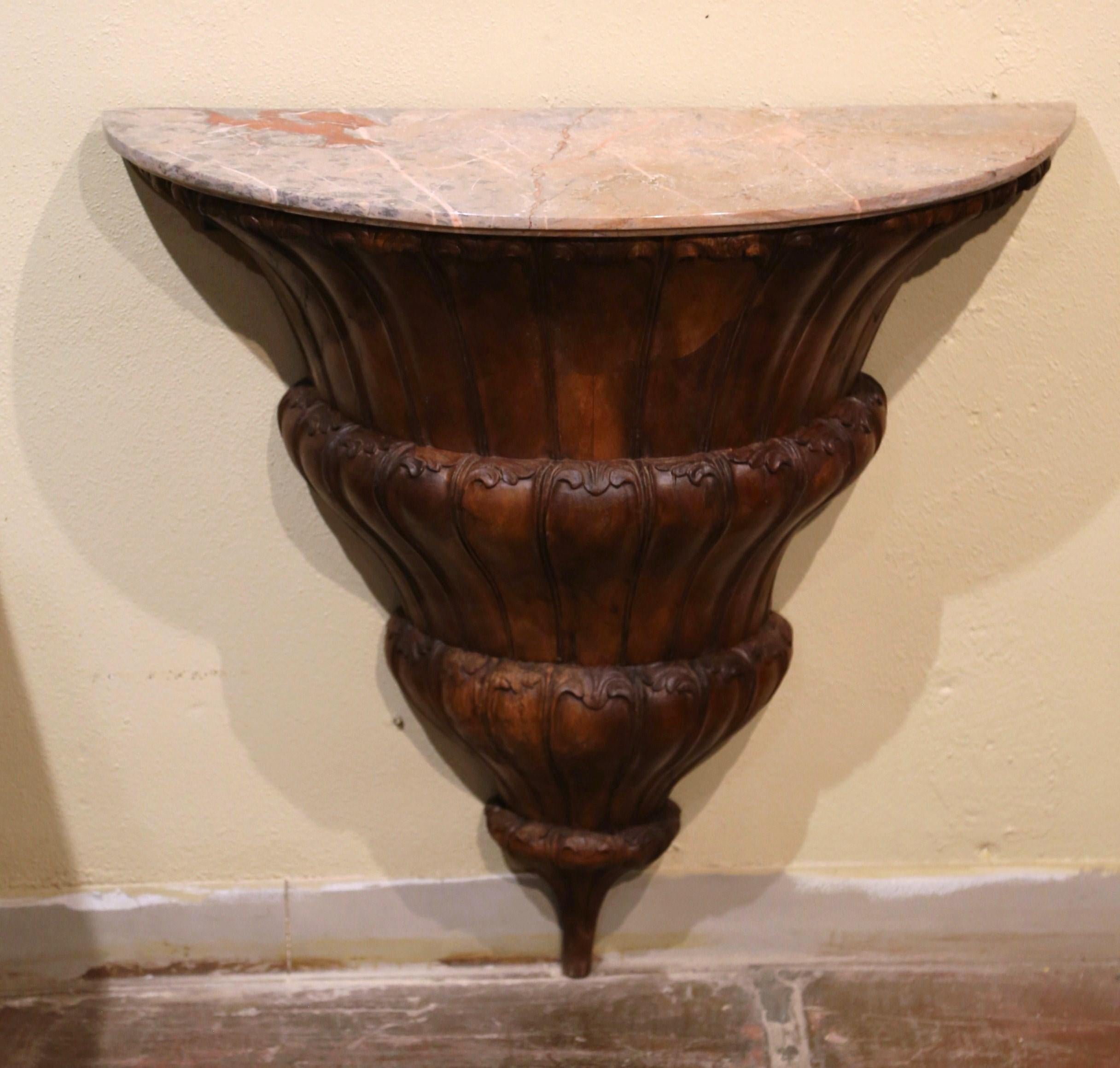 Early 19th Century French Louis XIV Marble Top Carved Walnut Wall Console Table For Sale 1