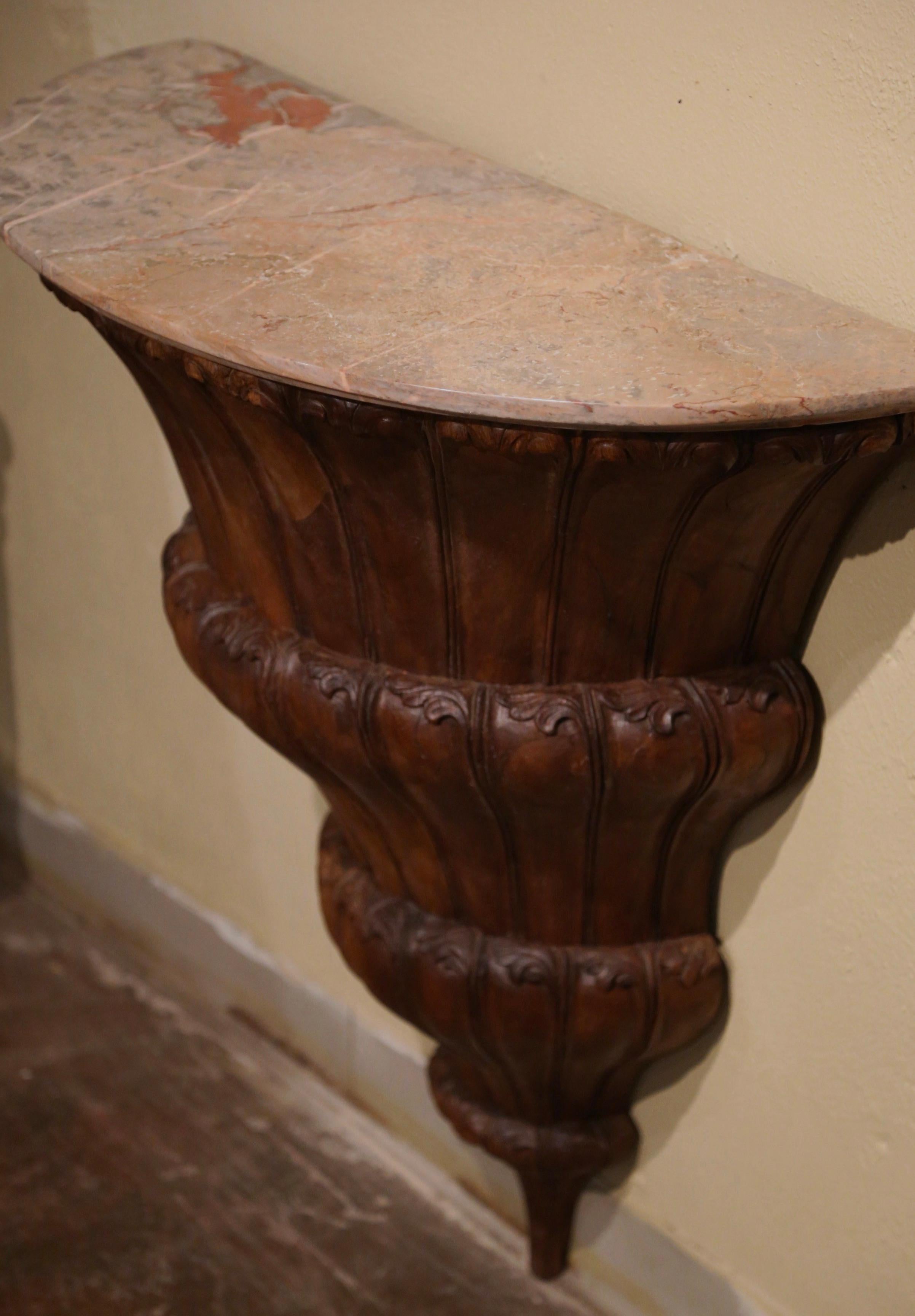 Early 19th Century French Louis XIV Marble Top Carved Walnut Wall Console Table For Sale 3