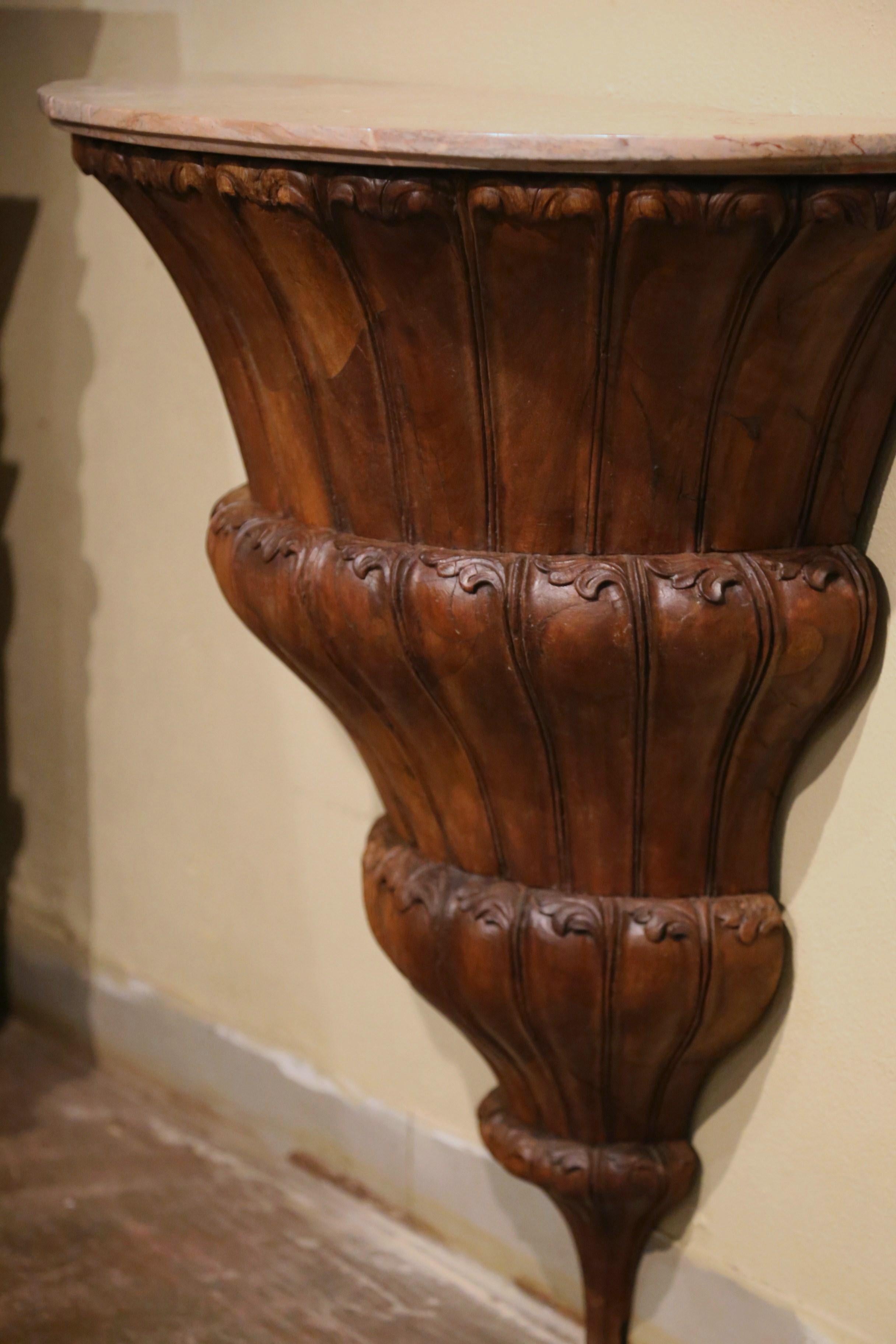 Early 19th Century French Louis XIV Marble Top Carved Walnut Wall Console Table For Sale 4