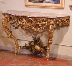 Early 19th Century French Louis XV Rococo Giltwood Console with Rouge Marble Top