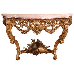 Early 19th Century French Louis XV Rococo Giltwood Console with Rouge Marble Top