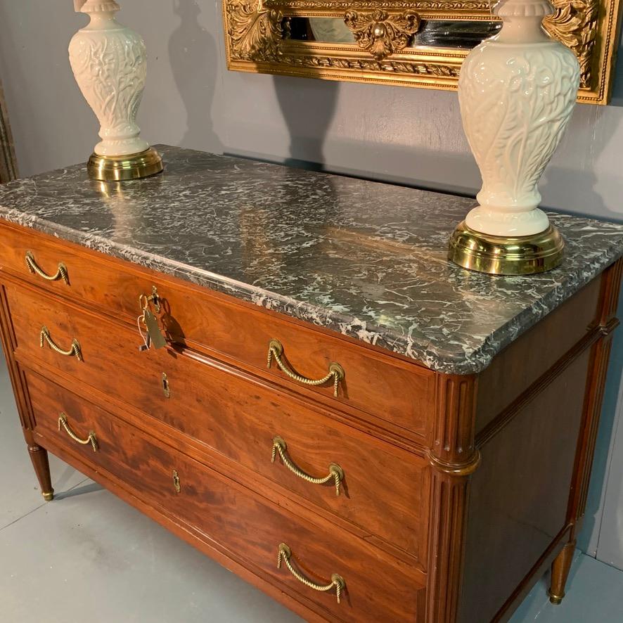 Mid-19th Century Early 19th Century French Louis XVI Commode with Marble Top and Brass Rope