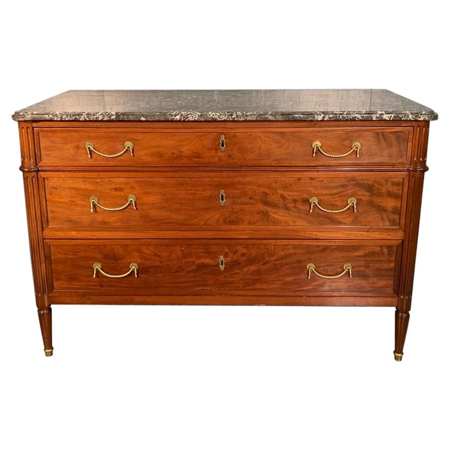 Early 19th Century French Louis XVI Commode with Marble Top and Brass Rope