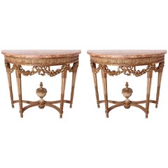 Antique Early 19th Century French Louis XVI Gilt Carved and Cream Painted Consoles, Pair