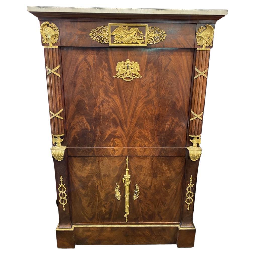 Early 19th Century French Mahogany, Oak & Marble Secretaire with Ormolu Mounts For Sale