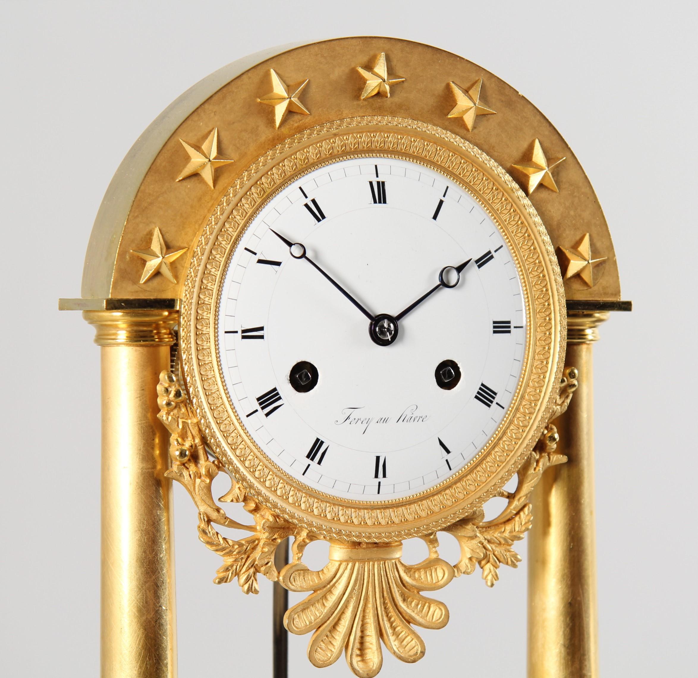 Small mantel clock with bas-relief

France
Bronze, enamel
early 19th century

Dimensions: H x W x D: 33 x 19 x 9 cm

Description:
Antique, fire-gilt portal clock with figurative, Greek-style bas-relief.

The base stands on bell feet with a frontally
