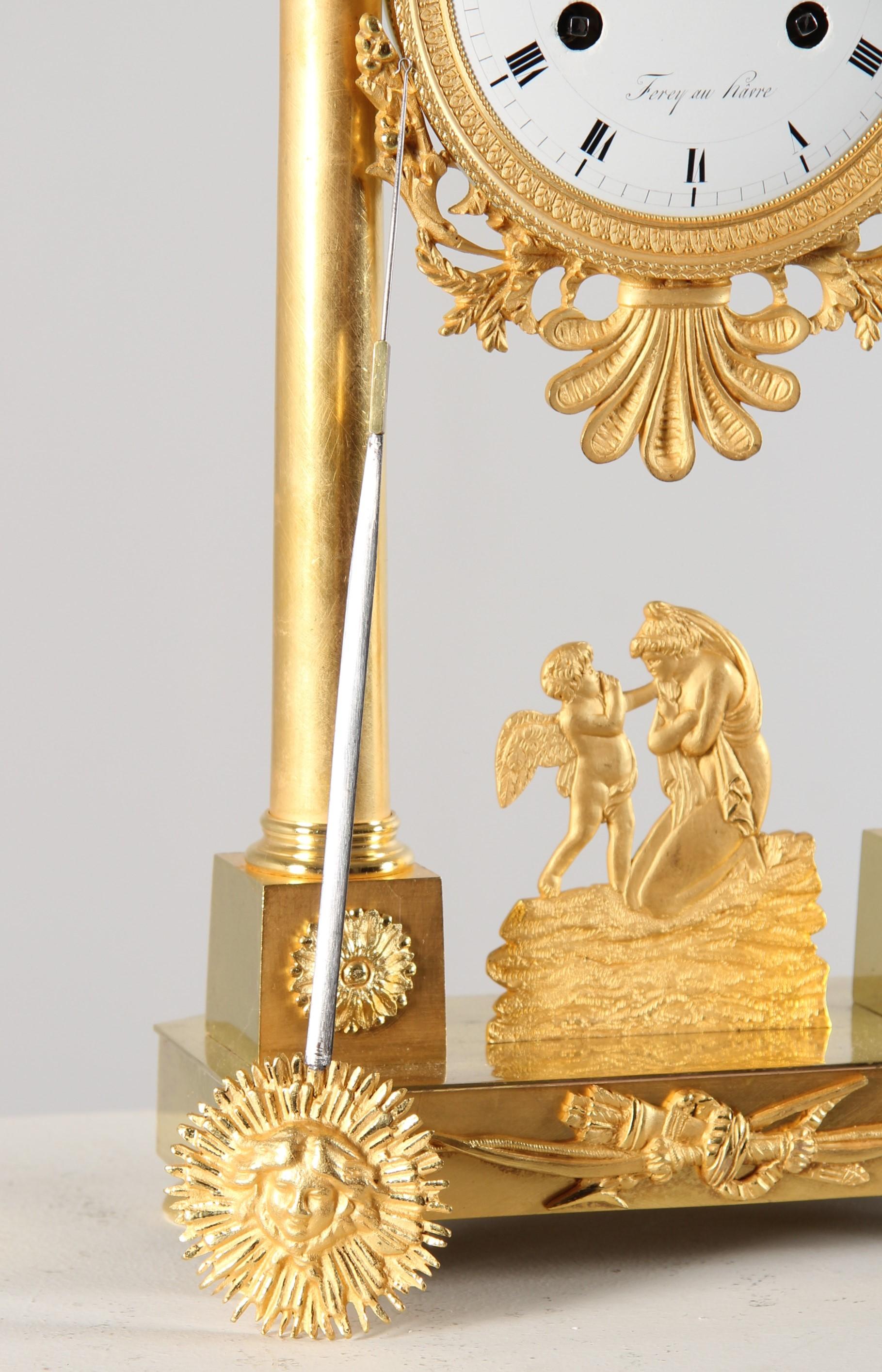 Empire Early 19th Century French Mantel Clock, signed Ferey au Havre, Ormolu For Sale
