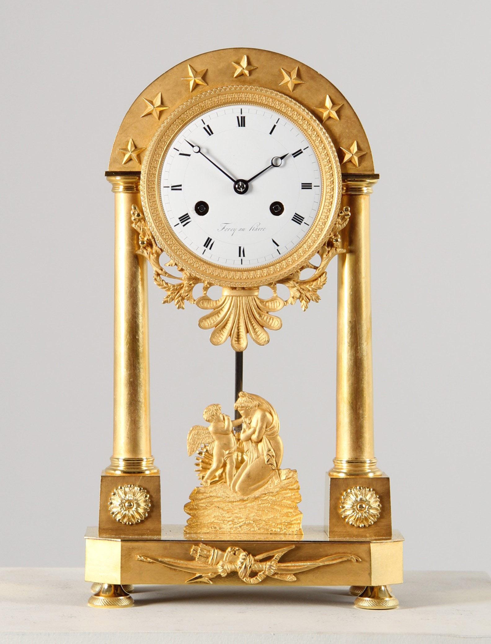 Early 19th Century French Mantel Clock, signed Ferey au Havre, Ormolu In Good Condition For Sale In Greven, DE