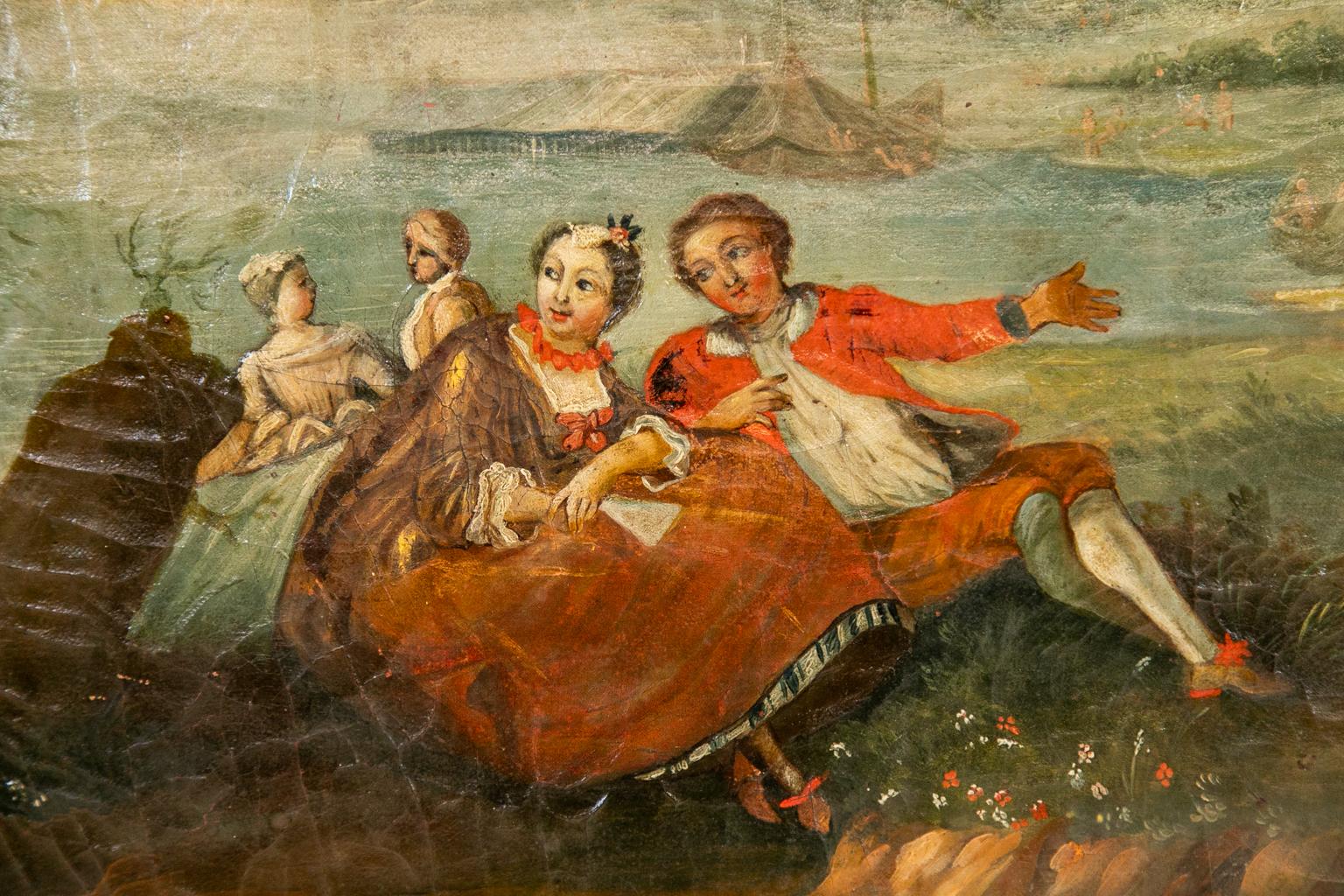 Early 19th century French marine landscape oil painting, the characters are painted depicting courting poses. It is framed very nicely in a carved oak scalloped frame which appears to be original.