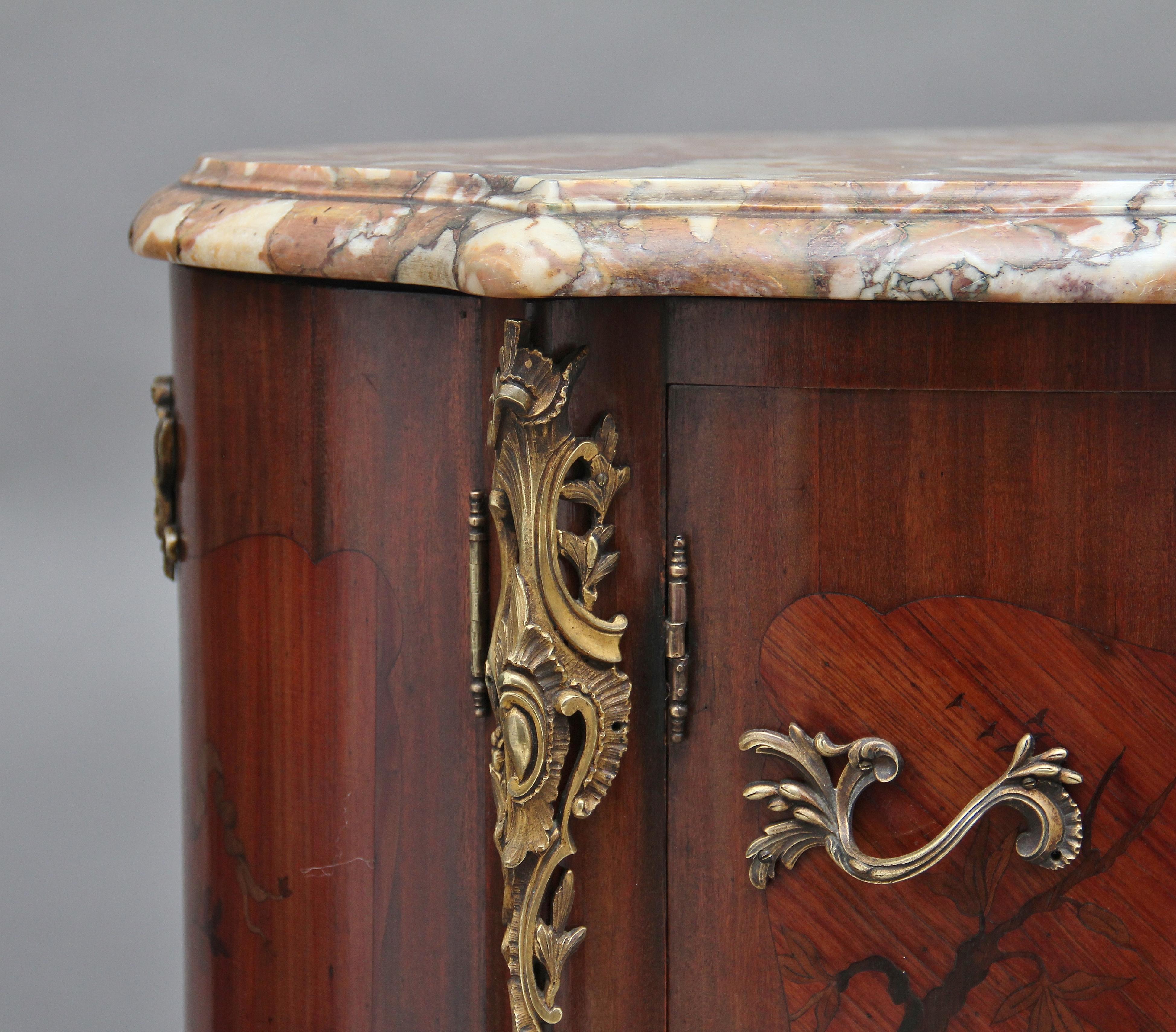 Tulipwood Early 19th Century freestanding French marquetry cabinet with a marble top For Sale