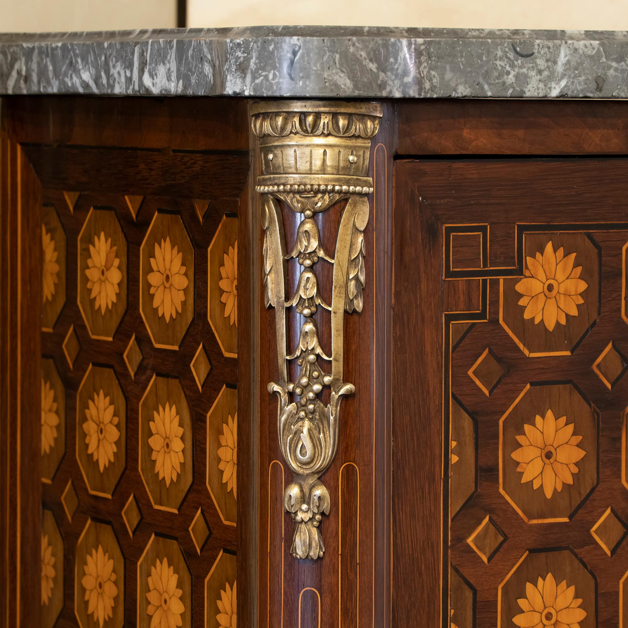 Early 19th Century French Marquetry Tall Cabinet, Marble Top, Brass Details 1