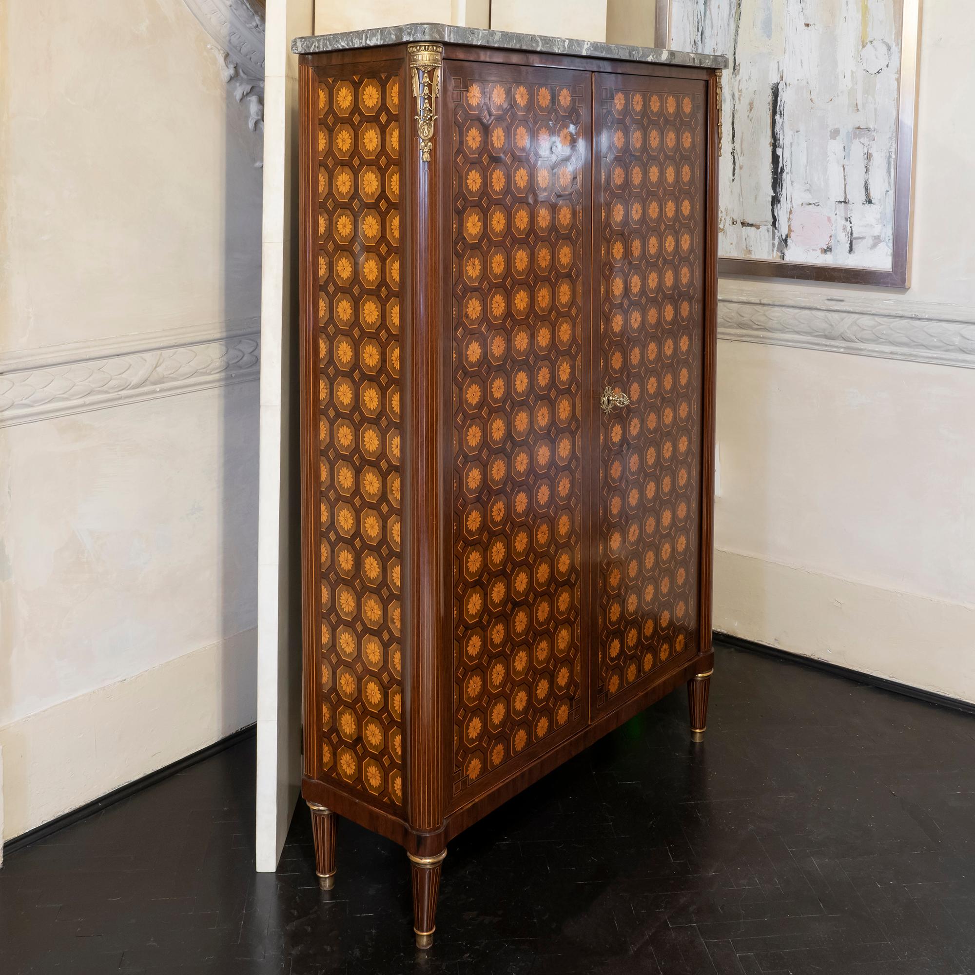 Early 19th Century French Marquetry Tall Cabinet, Marble Top, Brass Details 3