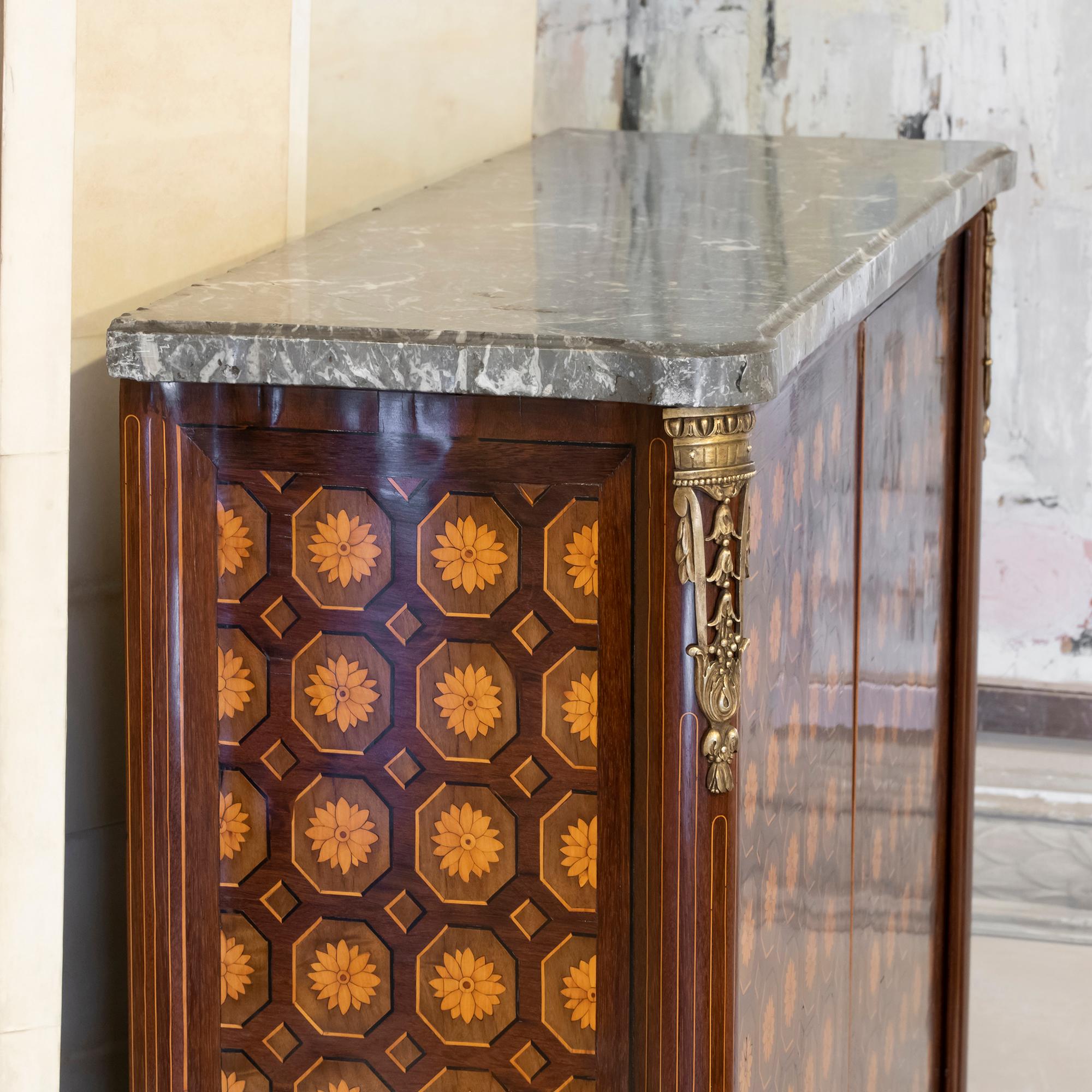 Early 19th Century French Marquetry Tall Cabinet, Marble Top, Brass Details 4