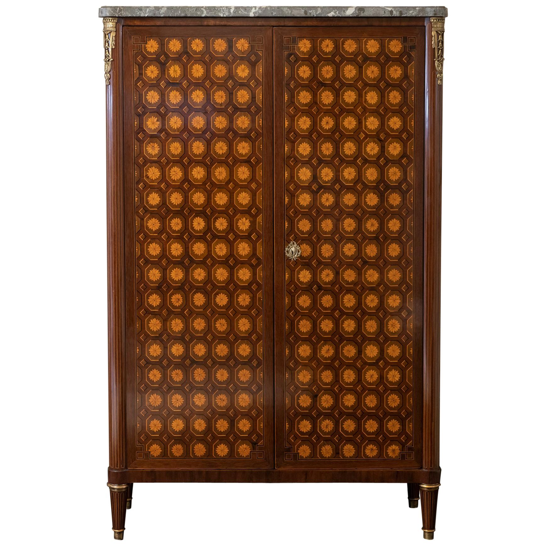 Early 19th Century French Marquetry Tall Cabinet, Marble Top, Brass Details