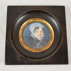 Early 19th Century Framed French Miniature Portrait, Woman in Lace Cap & Collar