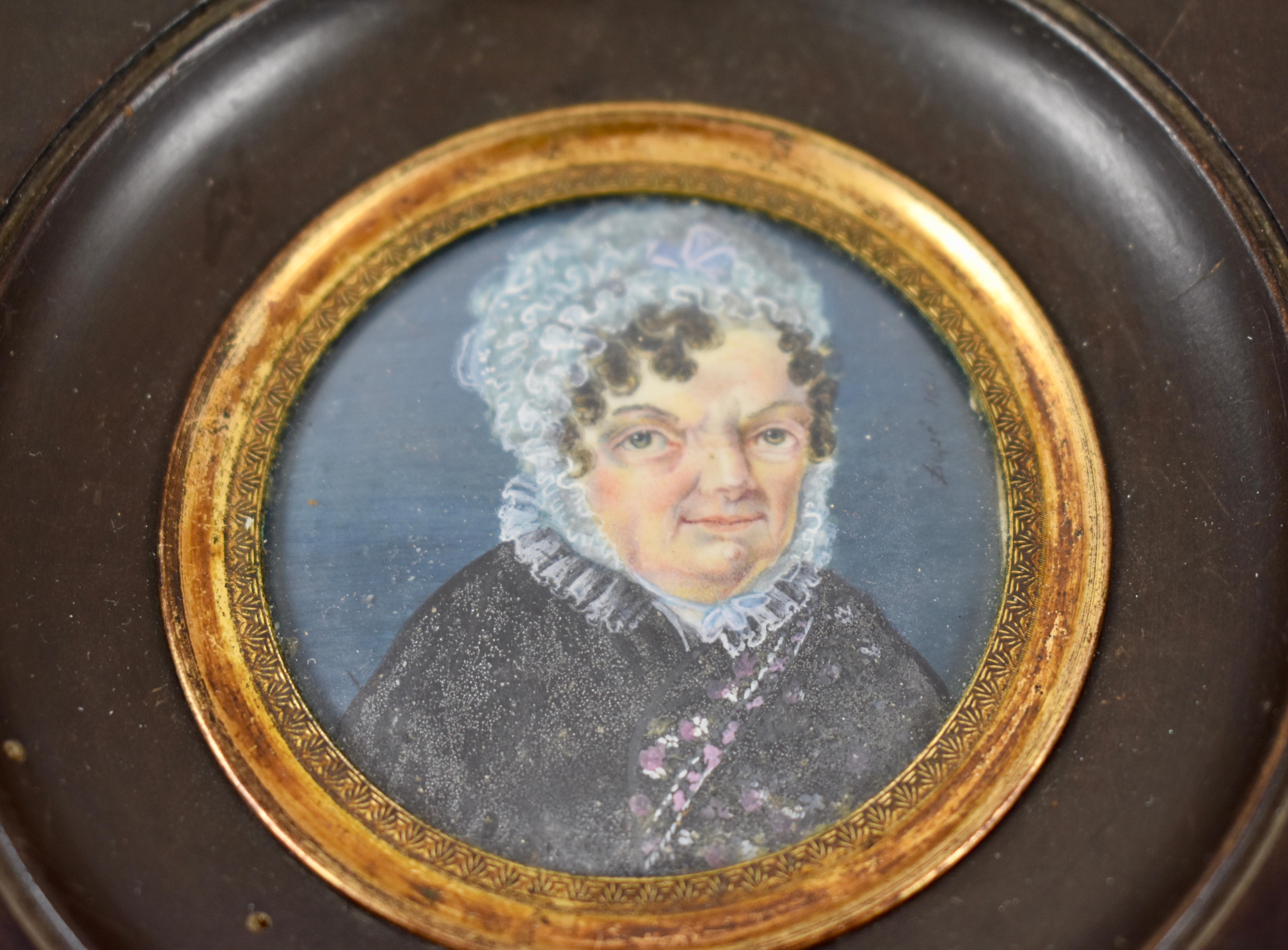 French Provincial Early 19th Century Framed French Miniature Portrait, Woman in Lace Cap & Collar For Sale