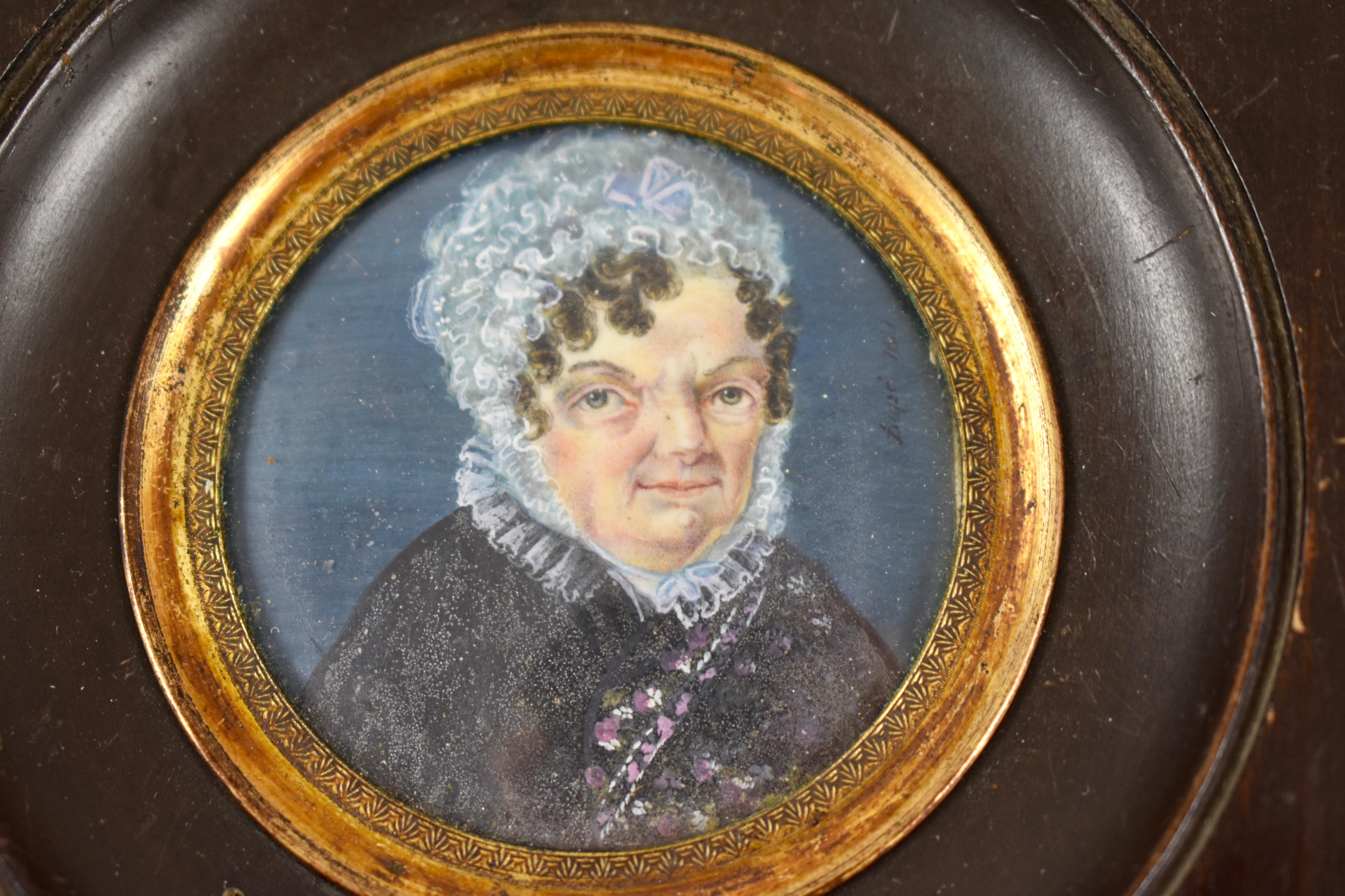 Hand-Painted Early 19th Century Framed French Miniature Portrait, Woman in Lace Cap & Collar For Sale