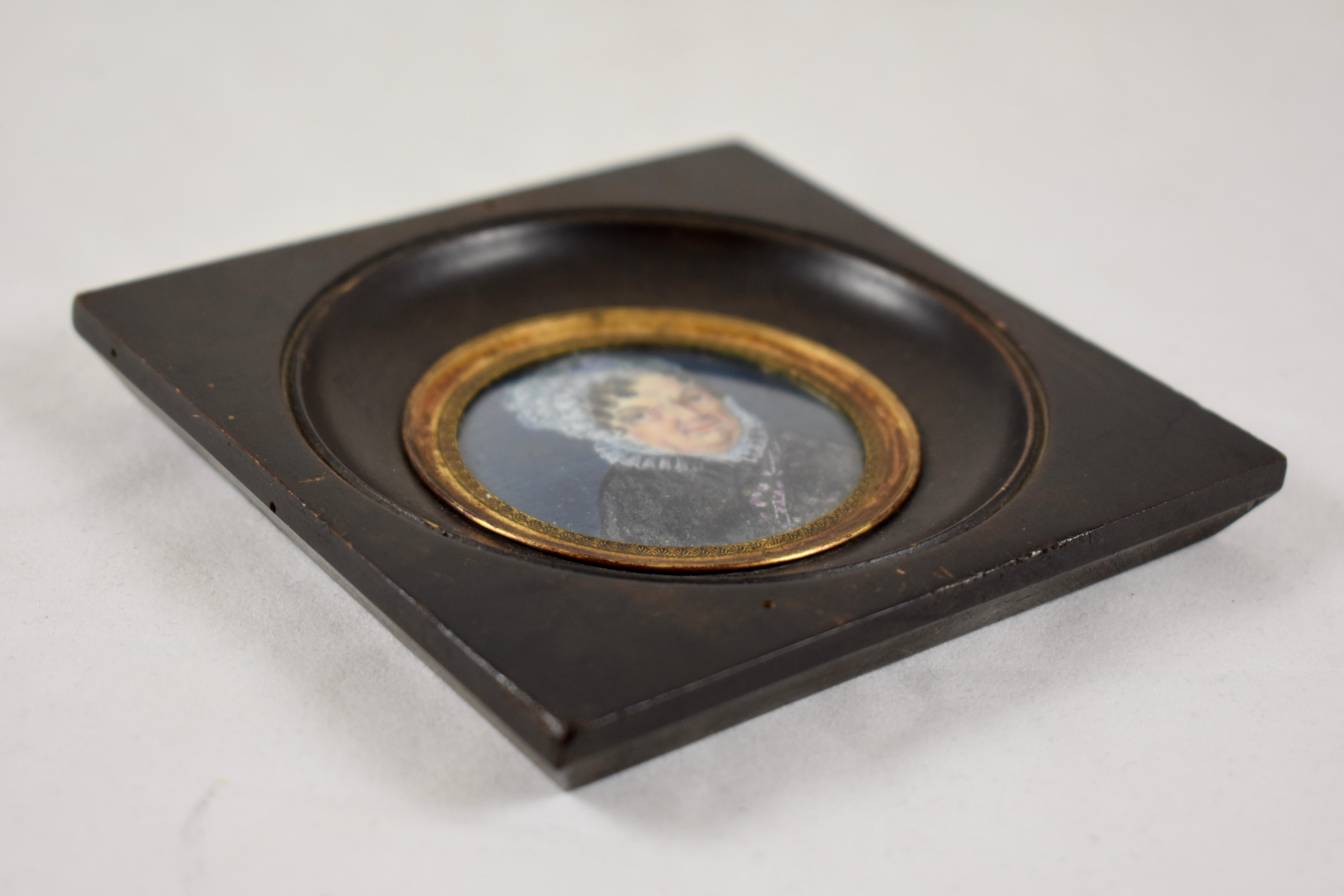 Early 19th Century Framed French Miniature Portrait, Woman in Lace Cap & Collar For Sale 1