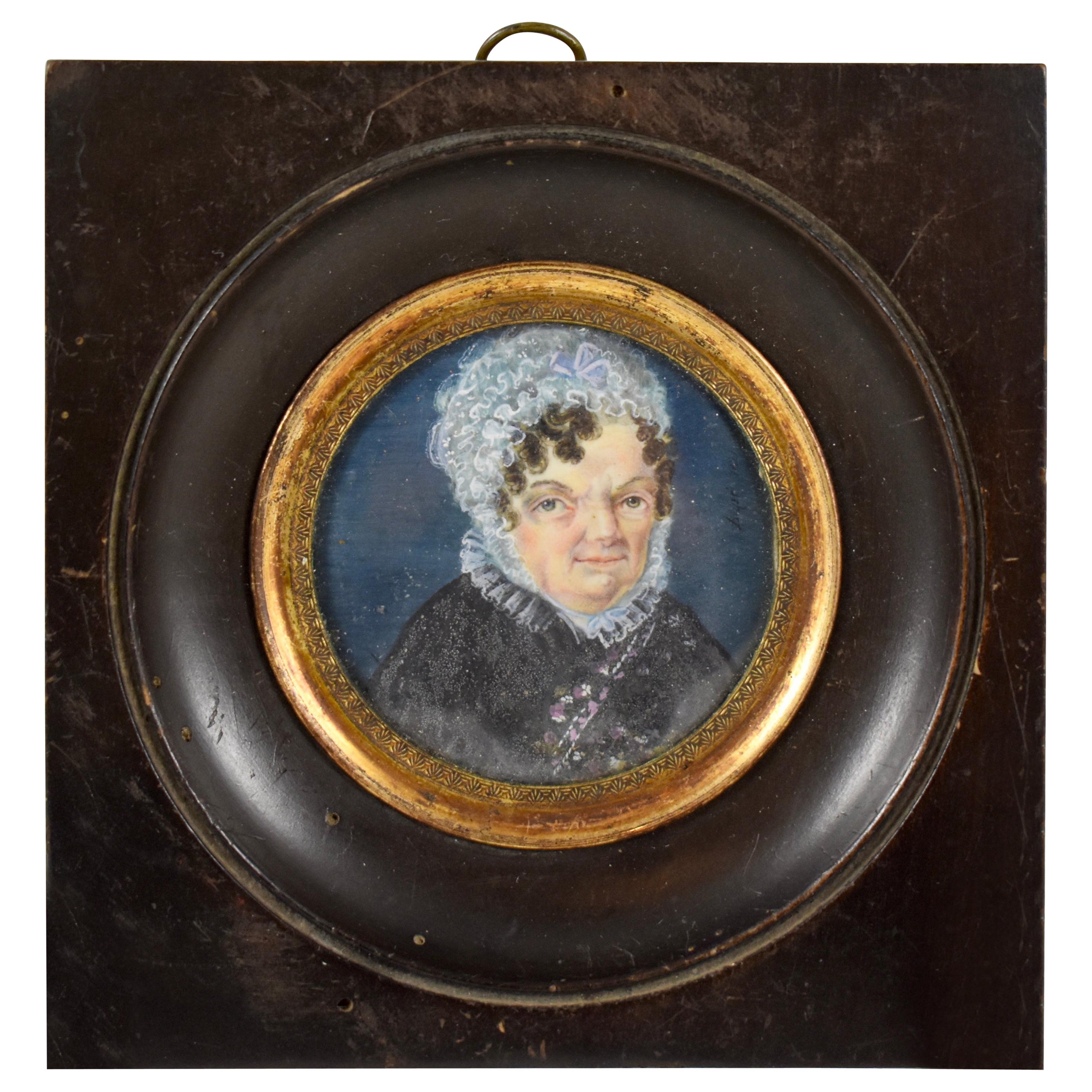 Early 19th Century Framed French Miniature Portrait, Woman in Lace Cap & Collar For Sale