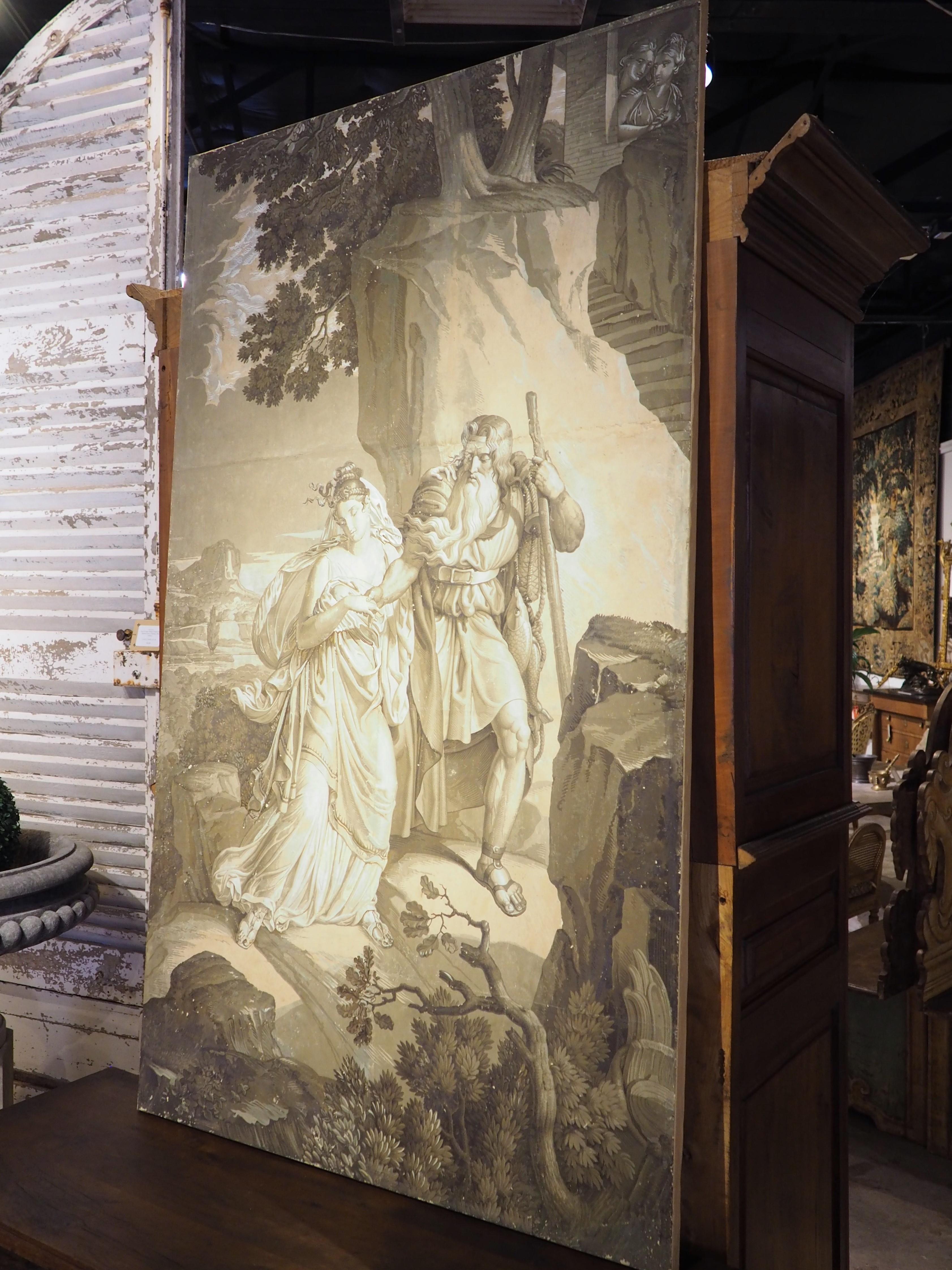 Early 19th Century French Neoclassical Grisaille Wallpaper Panel In Good Condition In Dallas, TX