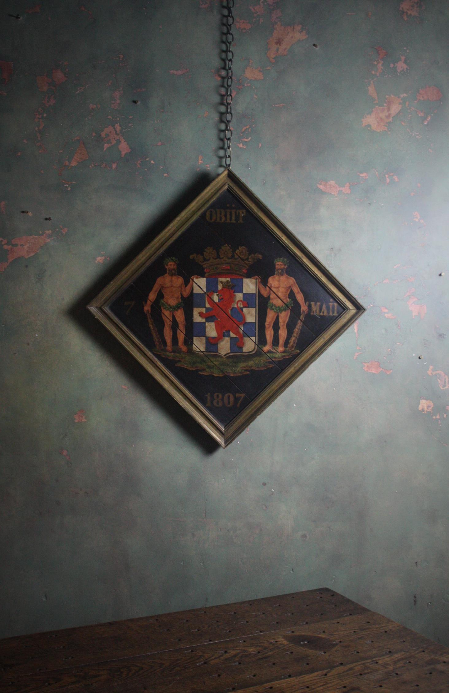 Hand-Painted Early 19th Century French Oil on Board Hatchment Obituary Armorial Coat of Arms