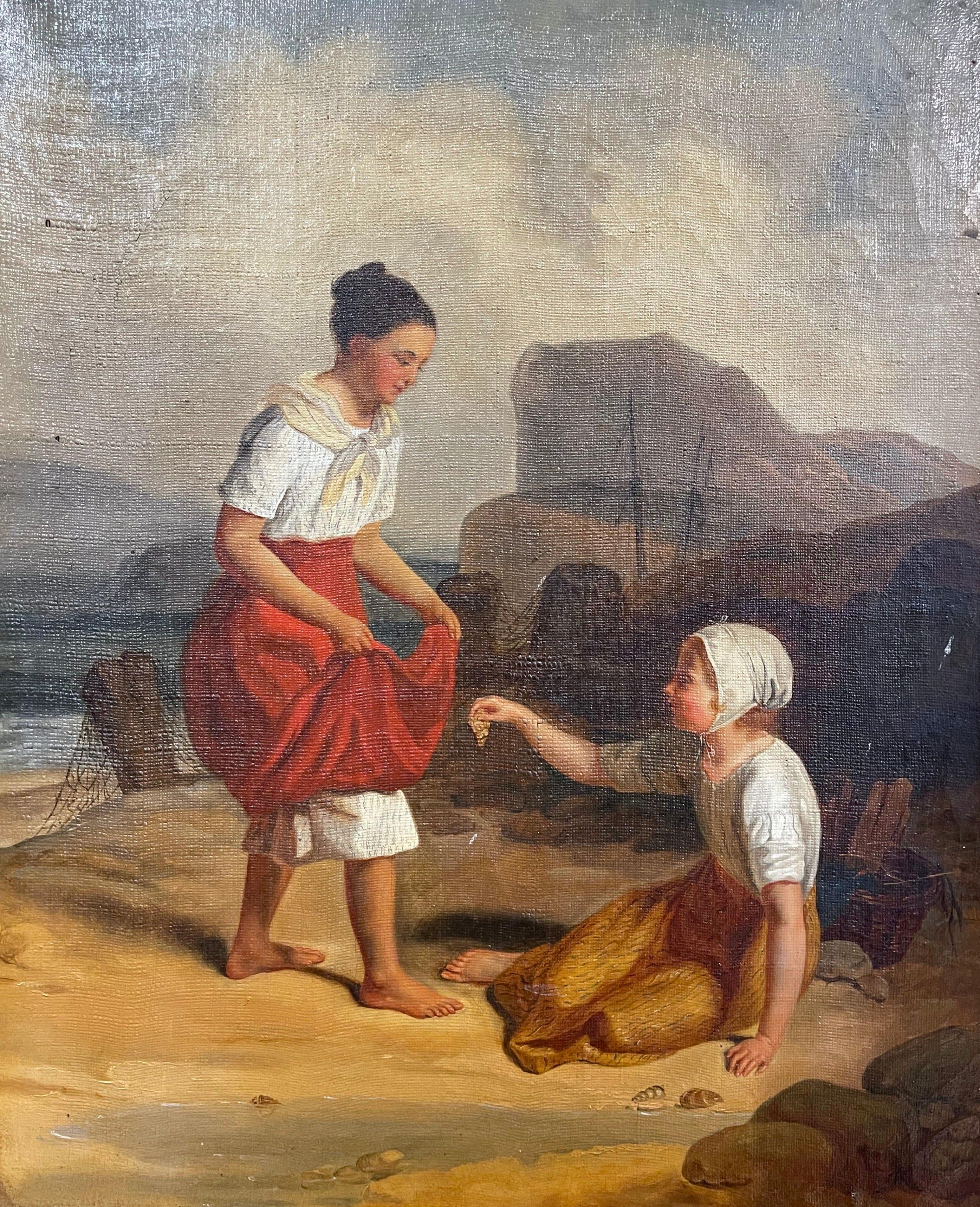 Early 19th Century French Oil on Canvas Beach Painting in Carved Gilt Frame In Excellent Condition For Sale In Dallas, TX