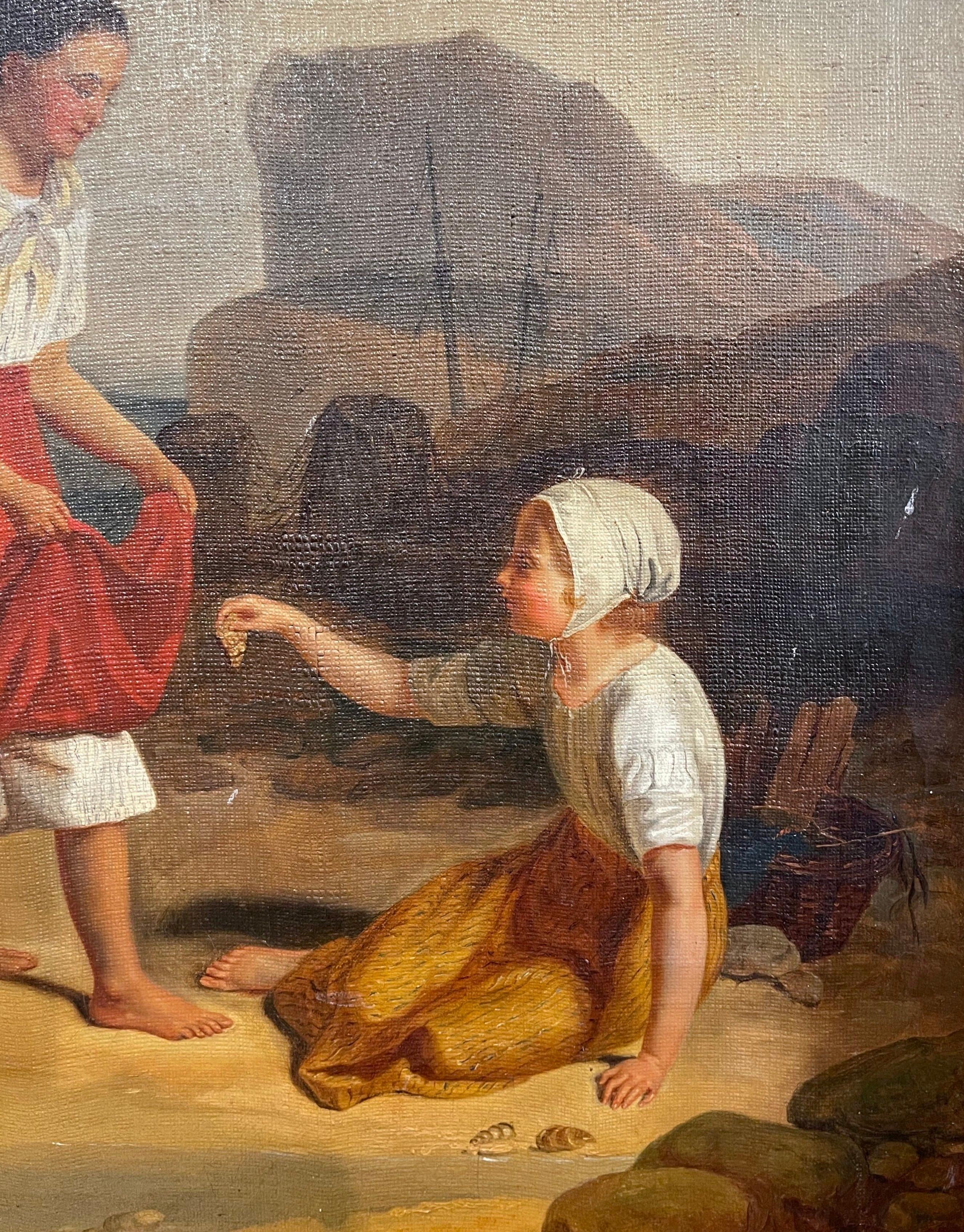 Frühes 19. Jahrhundert Französisch Öl auf Leinwand Strand Gemälde in geschnitzten vergoldeten Rahmen im Angebot 1