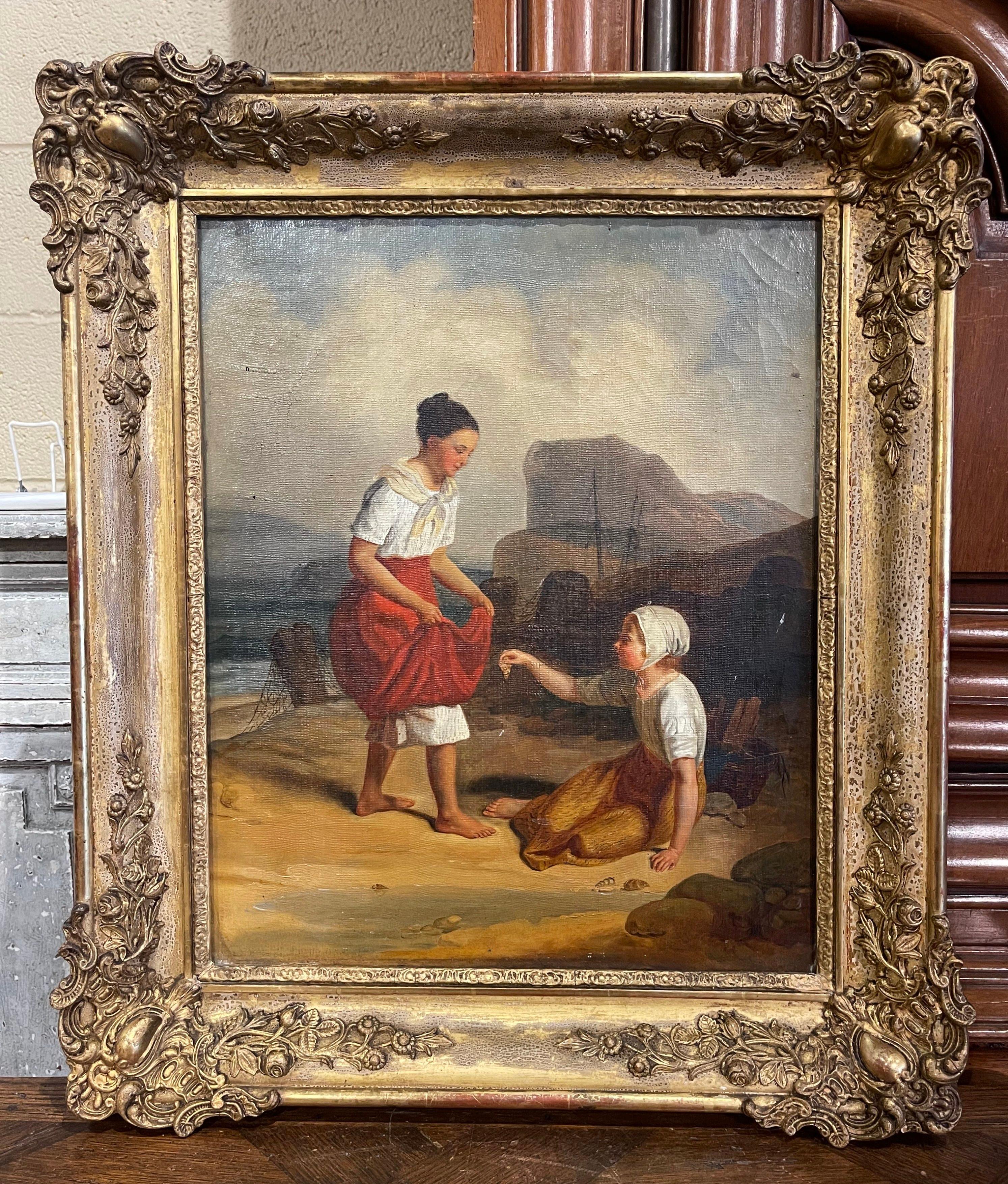 Frühes 19. Jahrhundert Französisch Öl auf Leinwand Strand Gemälde in geschnitzten vergoldeten Rahmen im Angebot 2