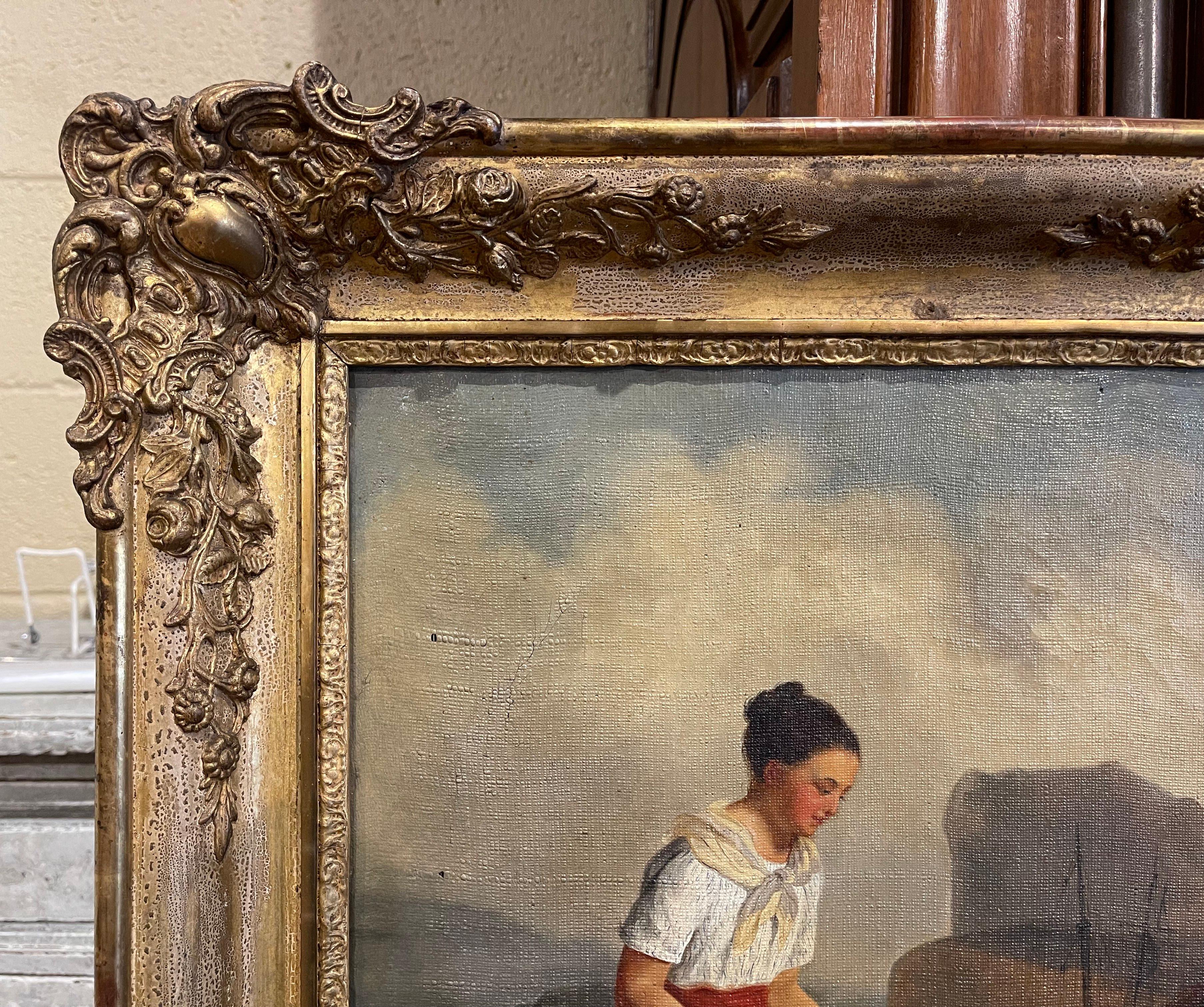 Early 19th Century French Oil on Canvas Beach Painting in Carved Gilt Frame For Sale 4