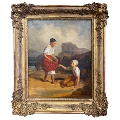 Pittura da spiaggia su tela francese del primo Ottocento con cornice dorata intagliata
