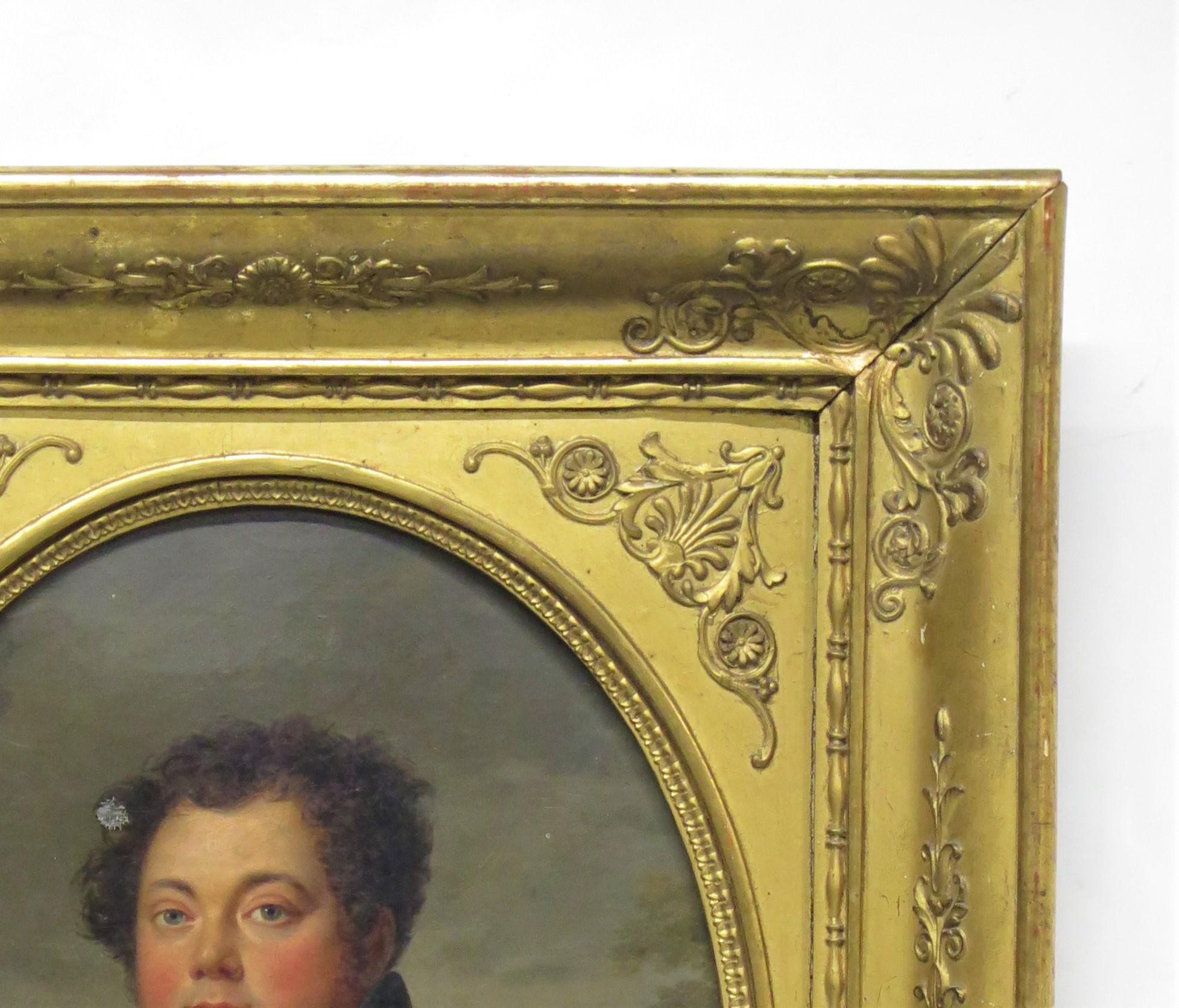 portrait of a robust gentleman, a fine example of an antique ovular oil on canvas, the work depicts a hale and hearty gentleman with rosey cheeks and curley hair dressed in black, extensive writing verso, France, 19th century

Image measures: 8.25 W