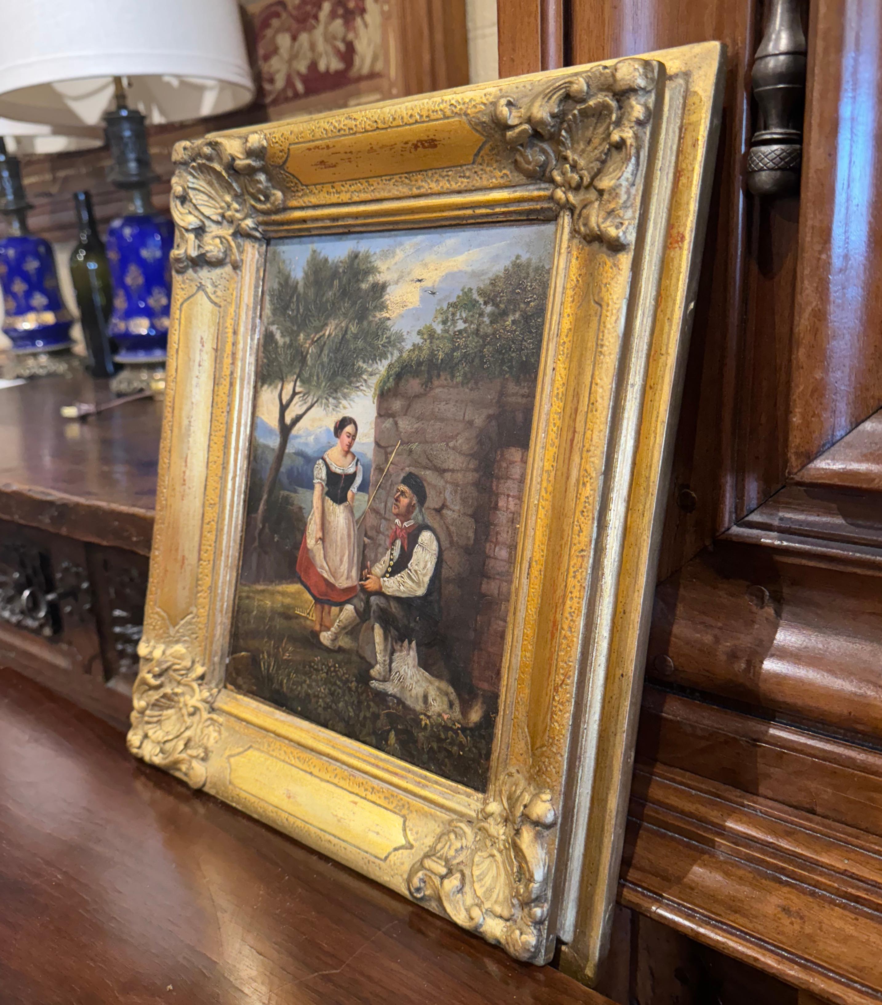 Decorate a wall with this beautiful antique painting. Created in France circa 1820 and set in the original carved gilt frame, the hand painted canvas depicts a serene pastoral scene, typical of the period's romanticism and attention to rural life.