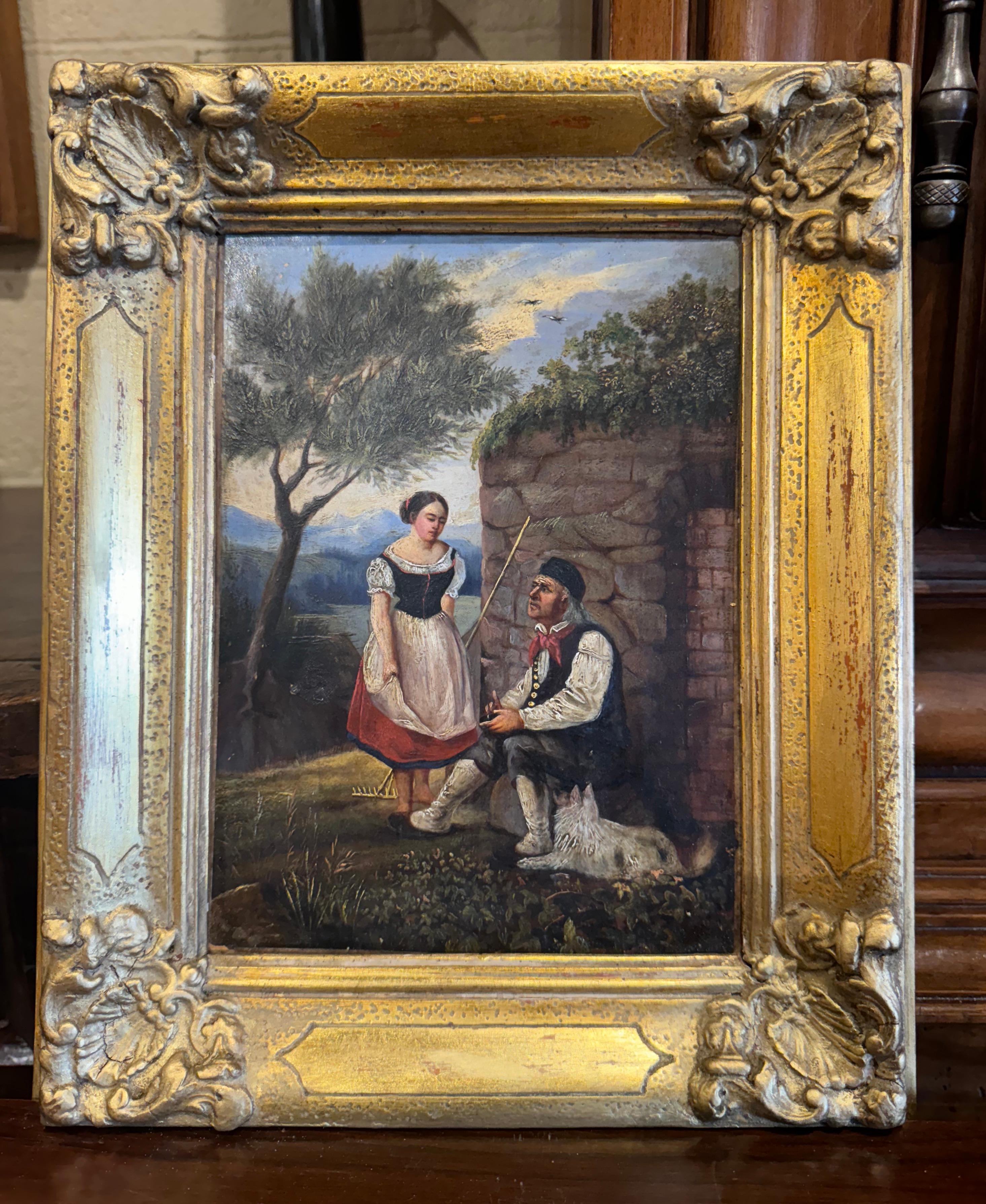 Early 19th Century French Oil on Canvas Pastoral Painting in Carved Gilt Frame In Excellent Condition In Dallas, TX
