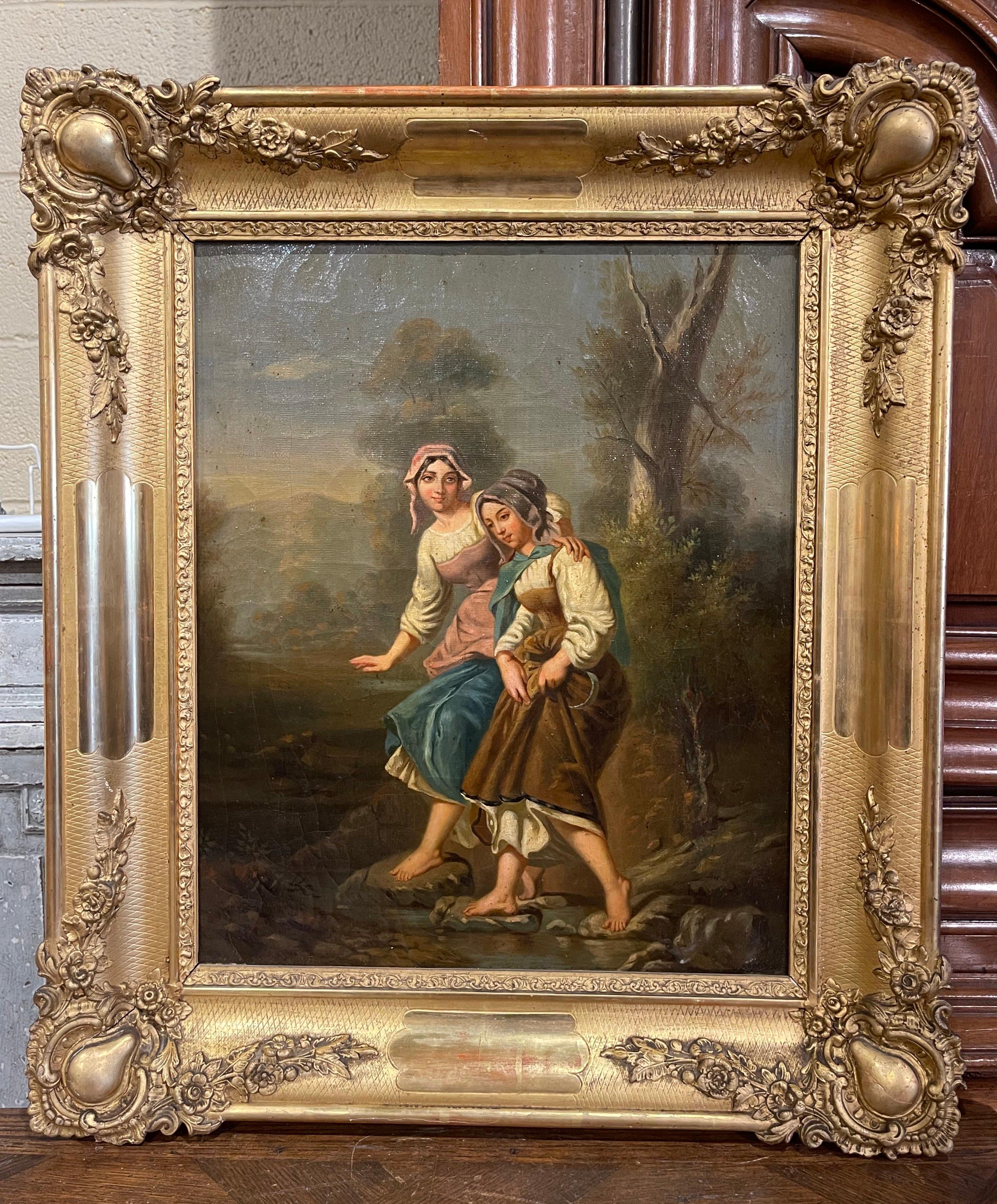 Early 19th Century French Oil on Canvas Pastoral Painting in Carved Gilt Frame For Sale 2
