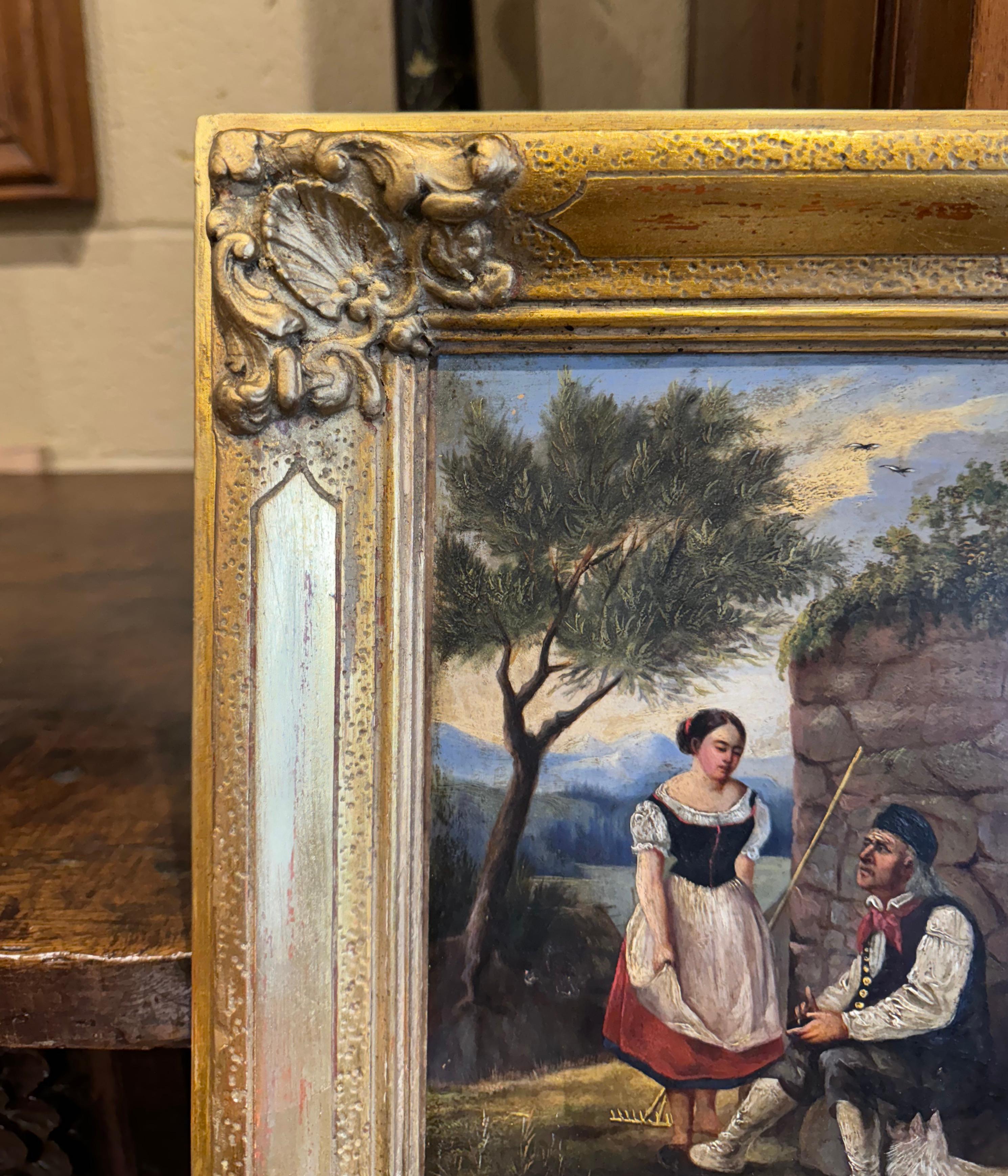 Early 19th Century French Oil on Canvas Pastoral Painting in Carved Gilt Frame 1