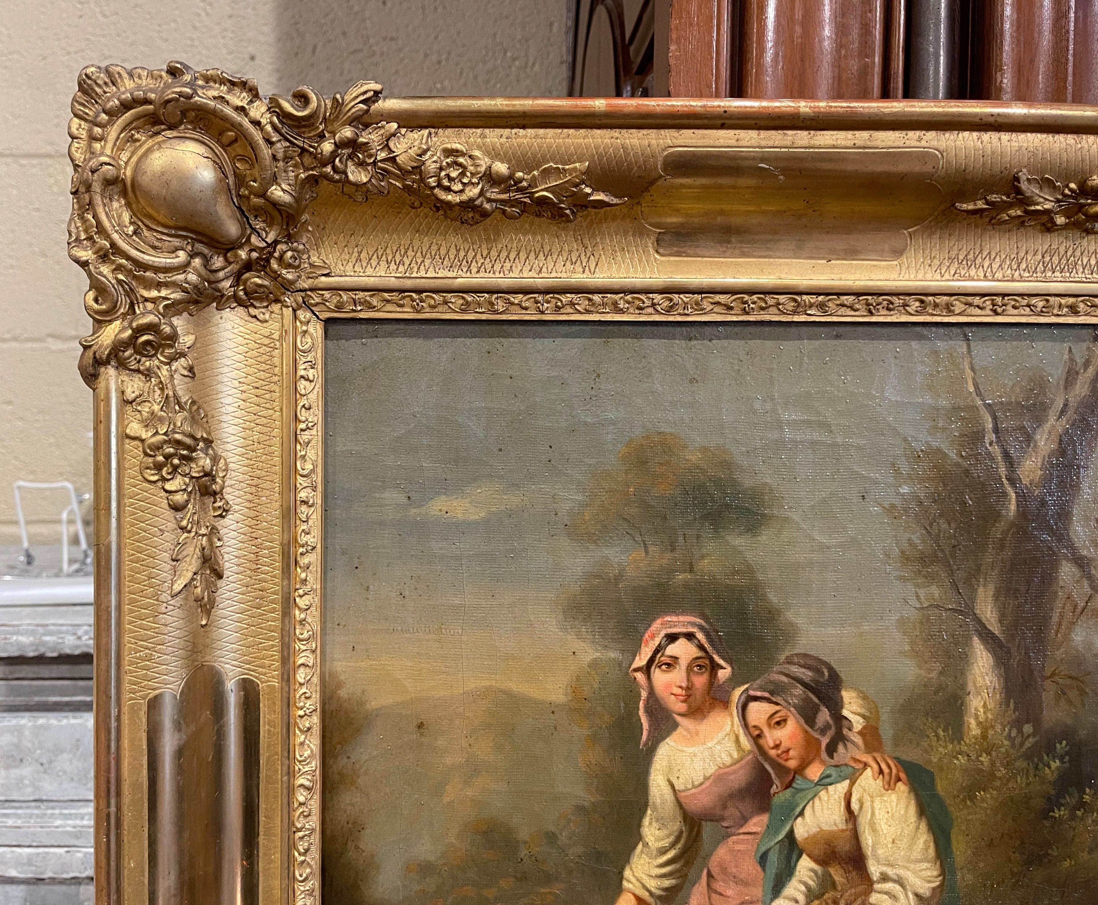 Early 19th Century French Oil on Canvas Pastoral Painting in Carved Gilt Frame For Sale 3