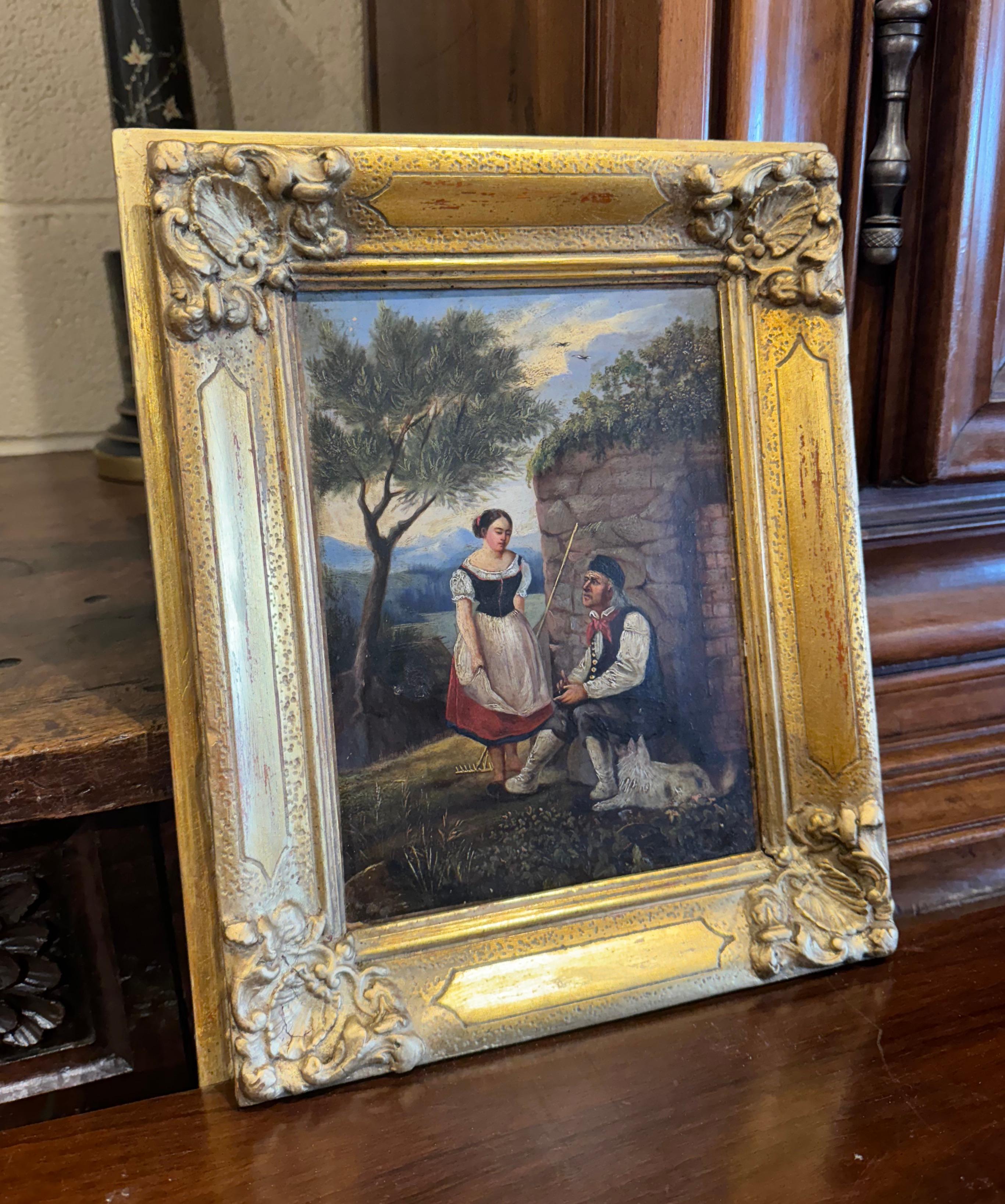 Early 19th Century French Oil on Canvas Pastoral Painting in Carved Gilt Frame 2
