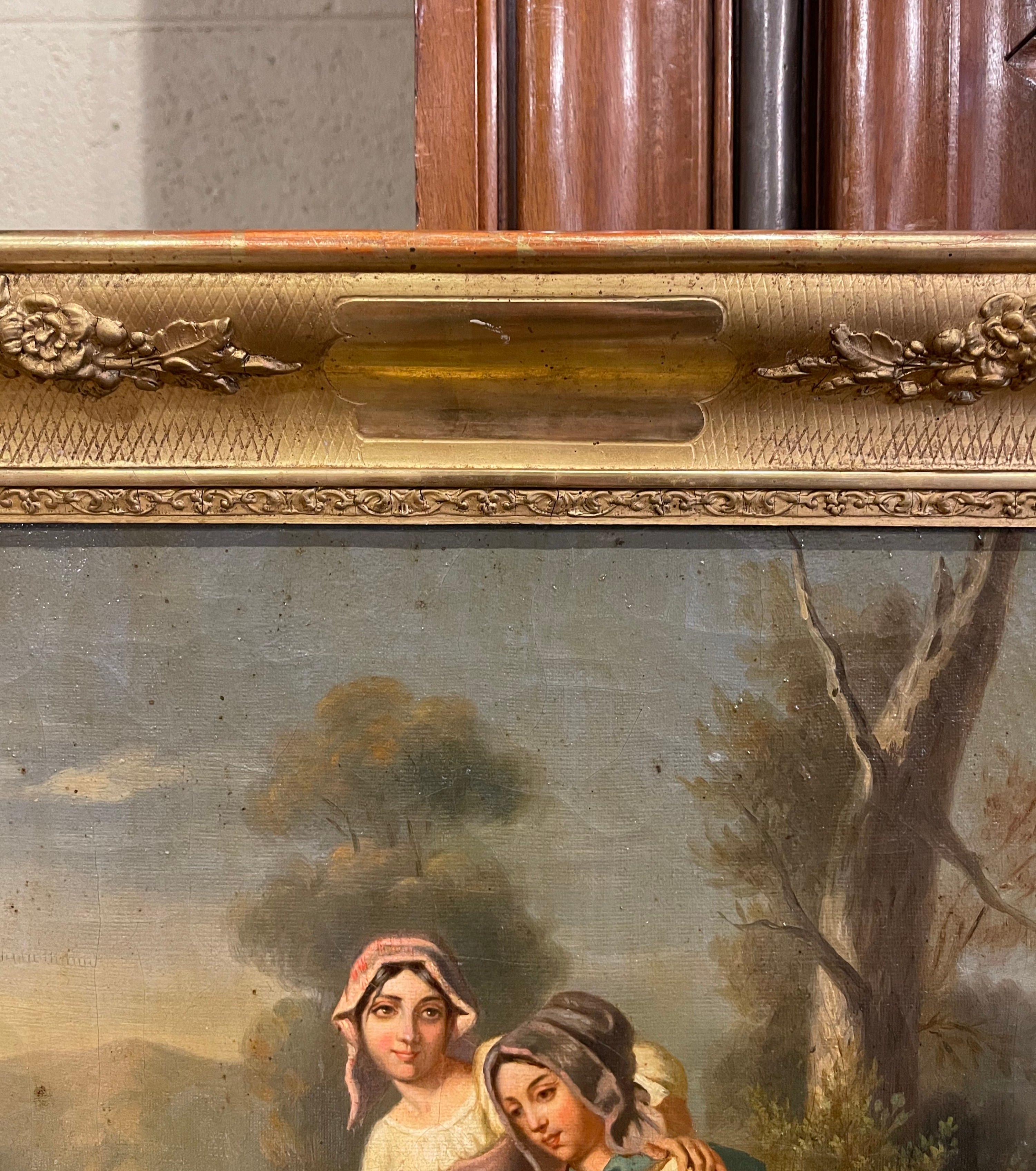 Early 19th Century French Oil on Canvas Pastoral Painting in Carved Gilt Frame For Sale 4