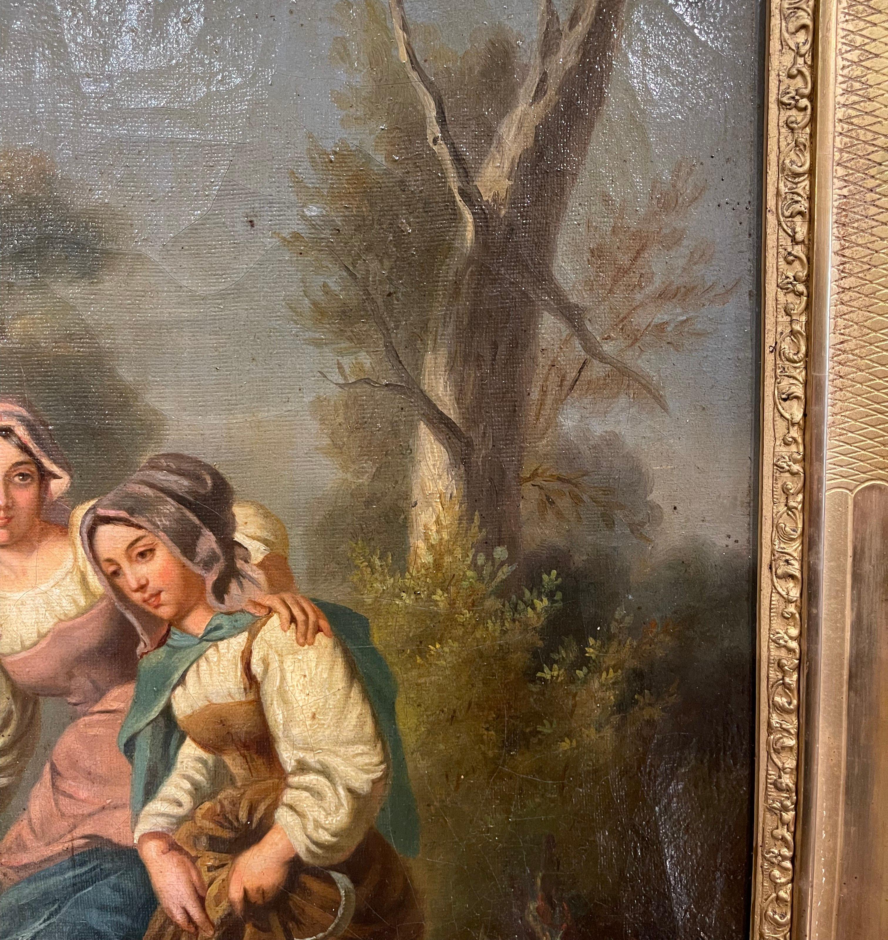 Early 19th Century French Oil on Canvas Pastoral Painting in Carved Gilt Frame For Sale 6